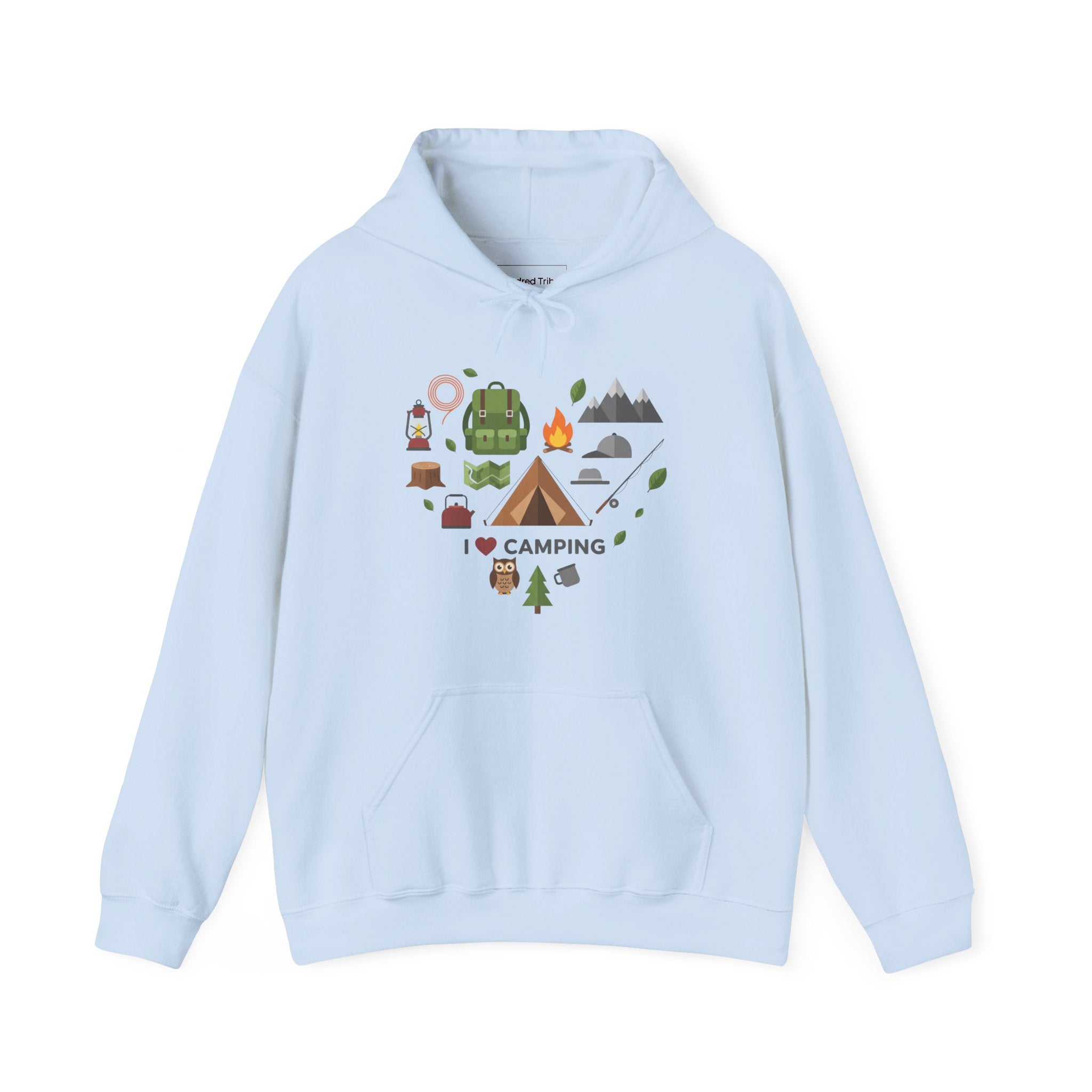 Light blue Camping Icons Hoodie with heart-shaped camping gear graphic and "I ❤️ Camping" text on front