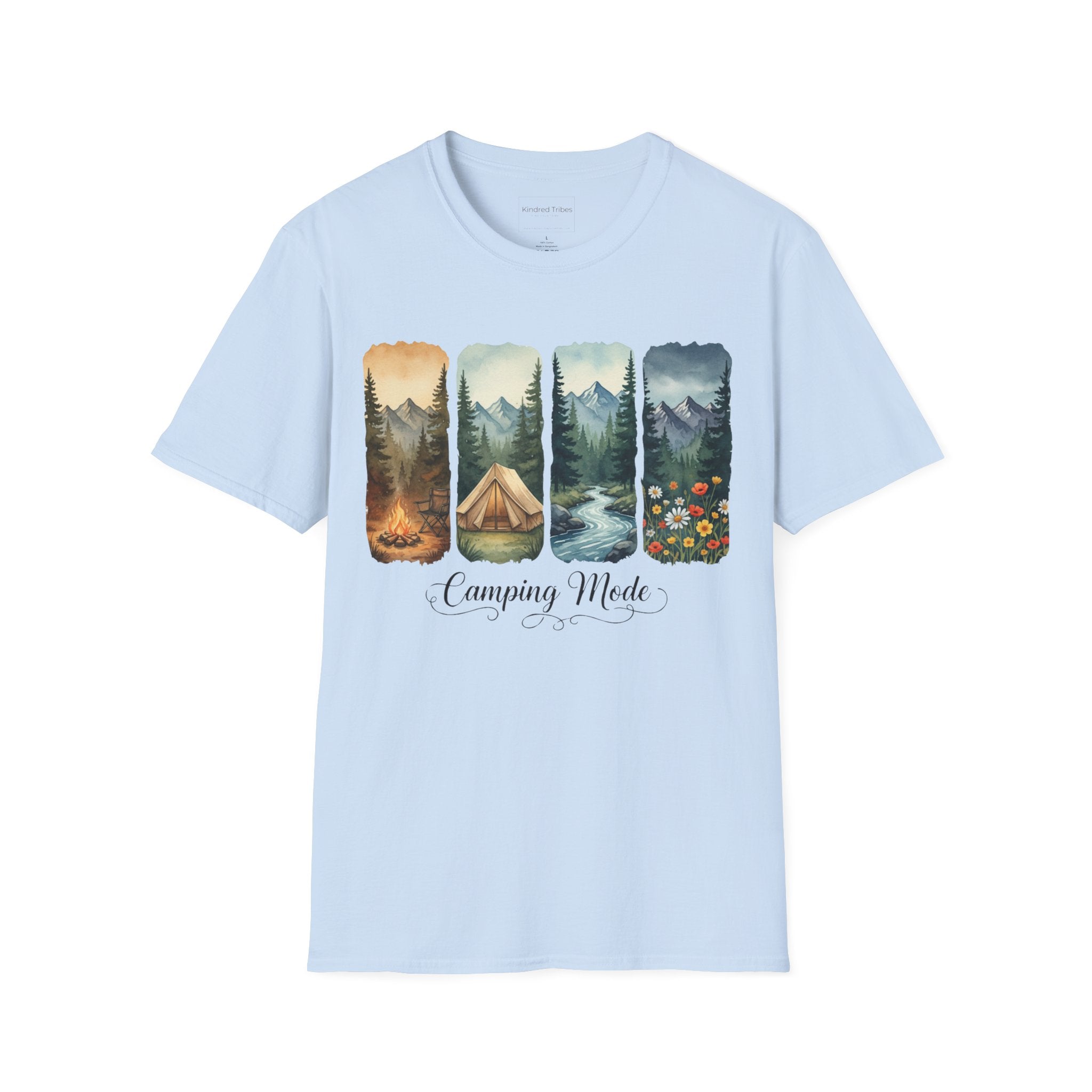 Light Blue | Unisex | Camping Mode T-Shirt-Scenic Tent & Campfire Nature 