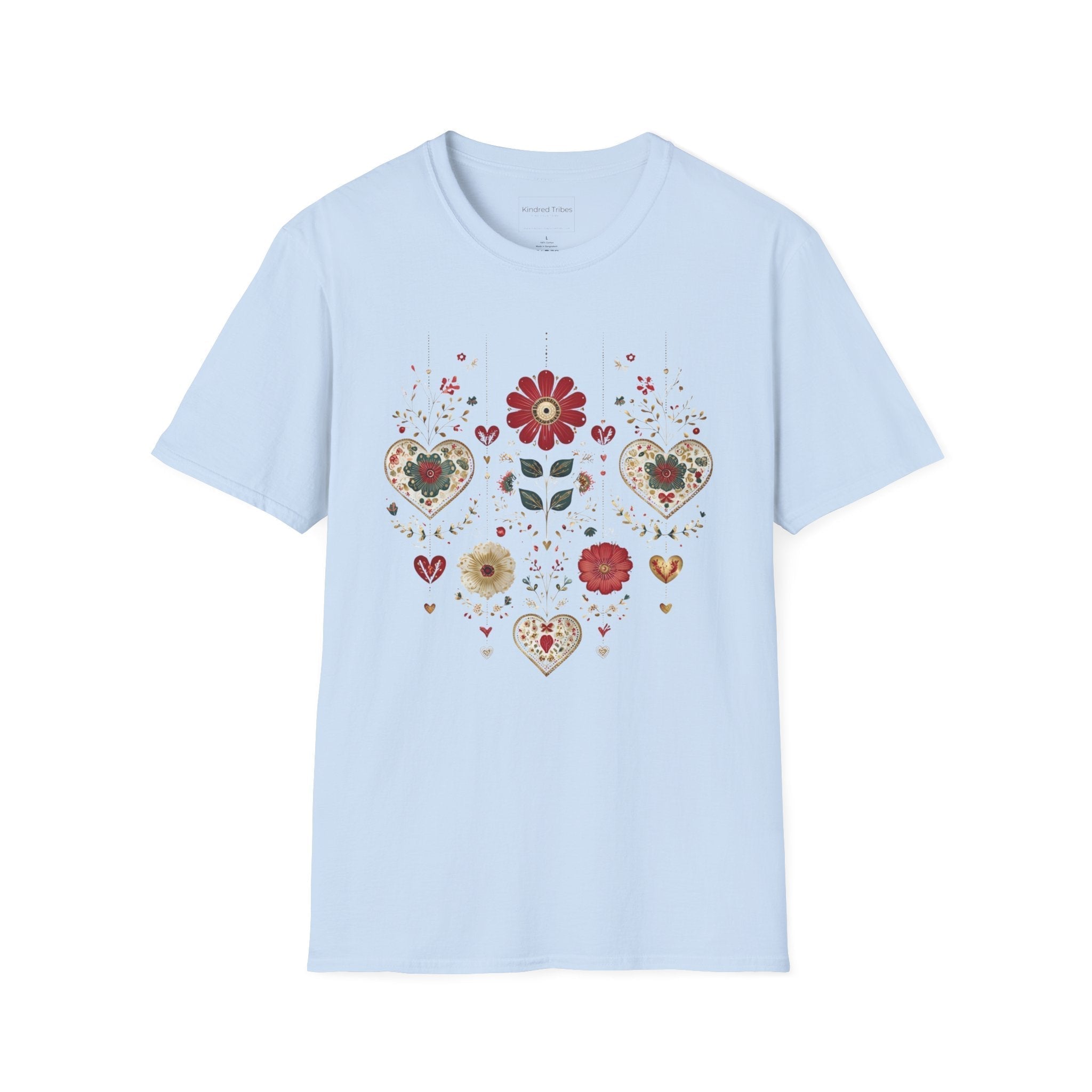 Light Blue Folk Art Hanging Hearts T-Shirt has a floral folk art design with artisanal hearts.