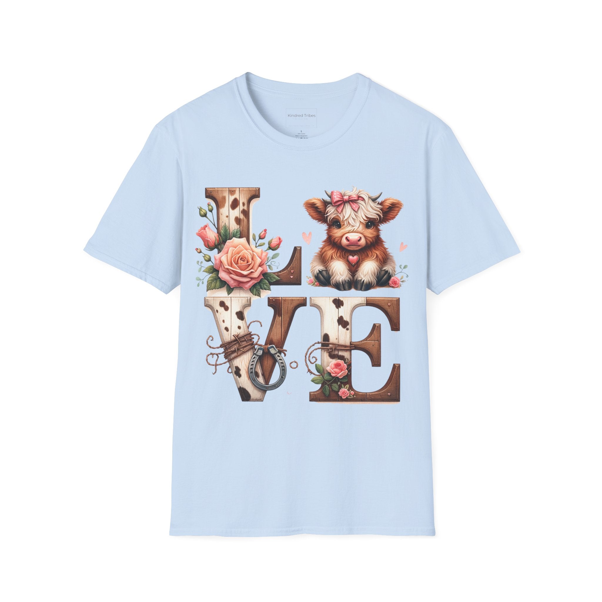 Light Blue t-shirt with a baby highland cow  and floral highlights around wooden and cow hide letters spelling 'LOVE'.