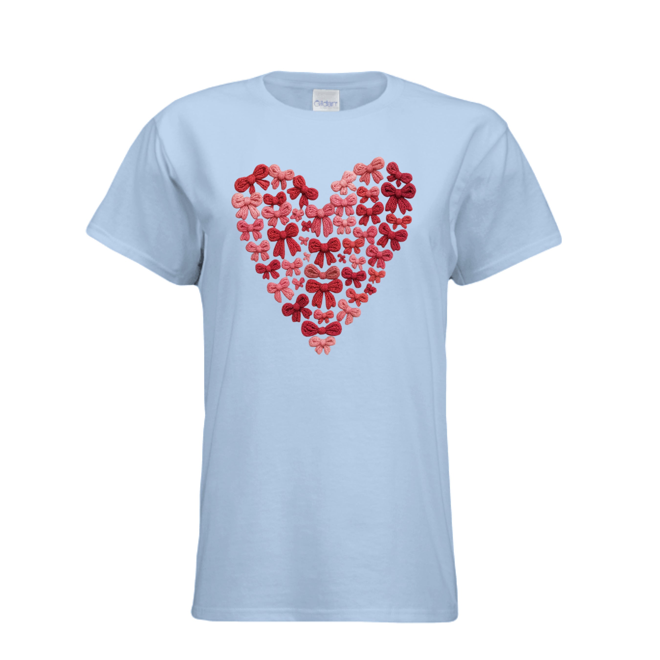 Light Blue Knitted Hearts Coquette Bow Tee with a red heart made out of little bows that appear to be made out of yarn. 