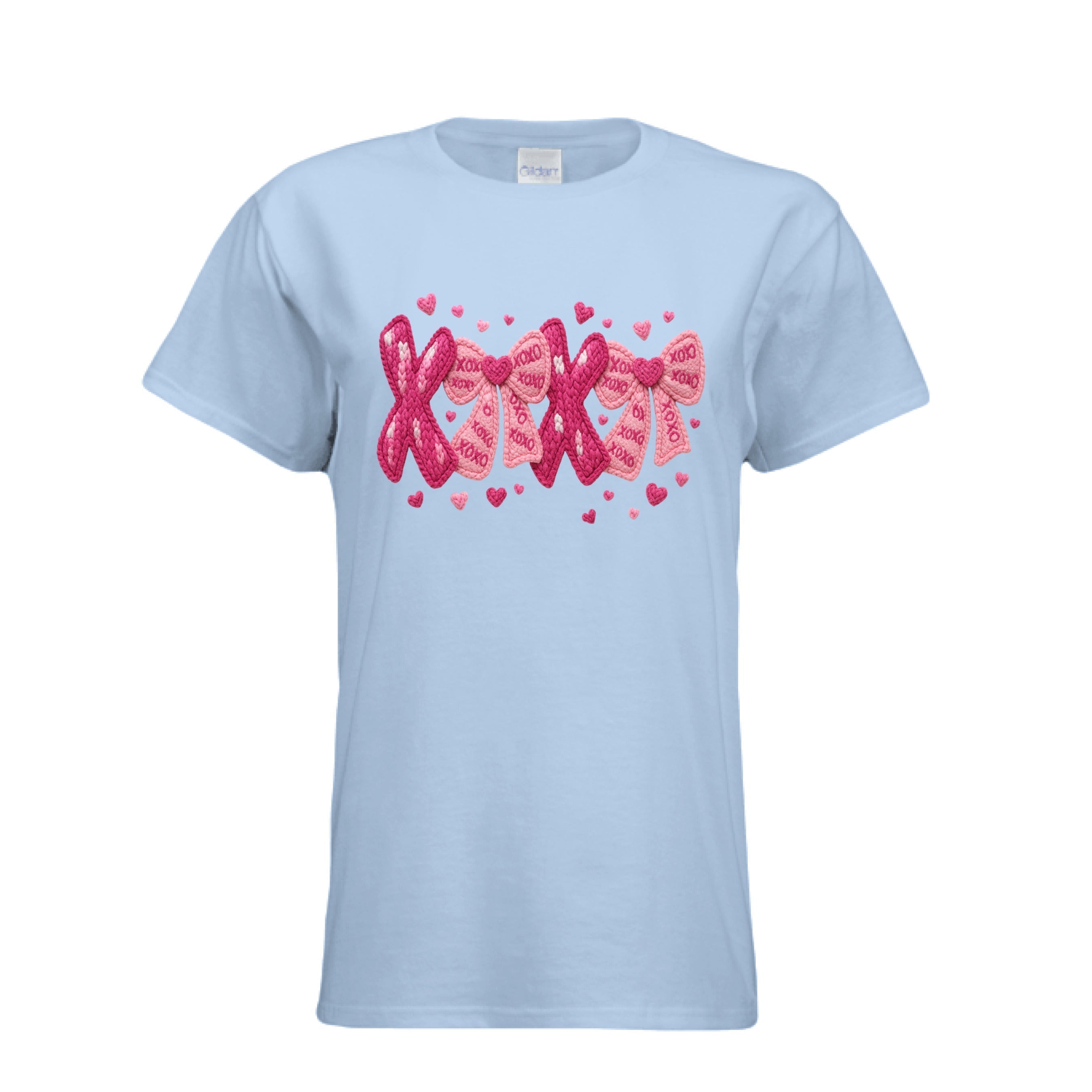 Light Blue Womens XOXO Coquette Knitted Bows Tee is a unique yarn-textured "Hugs & Kisses" design on a fitted cotton t-shirt. 