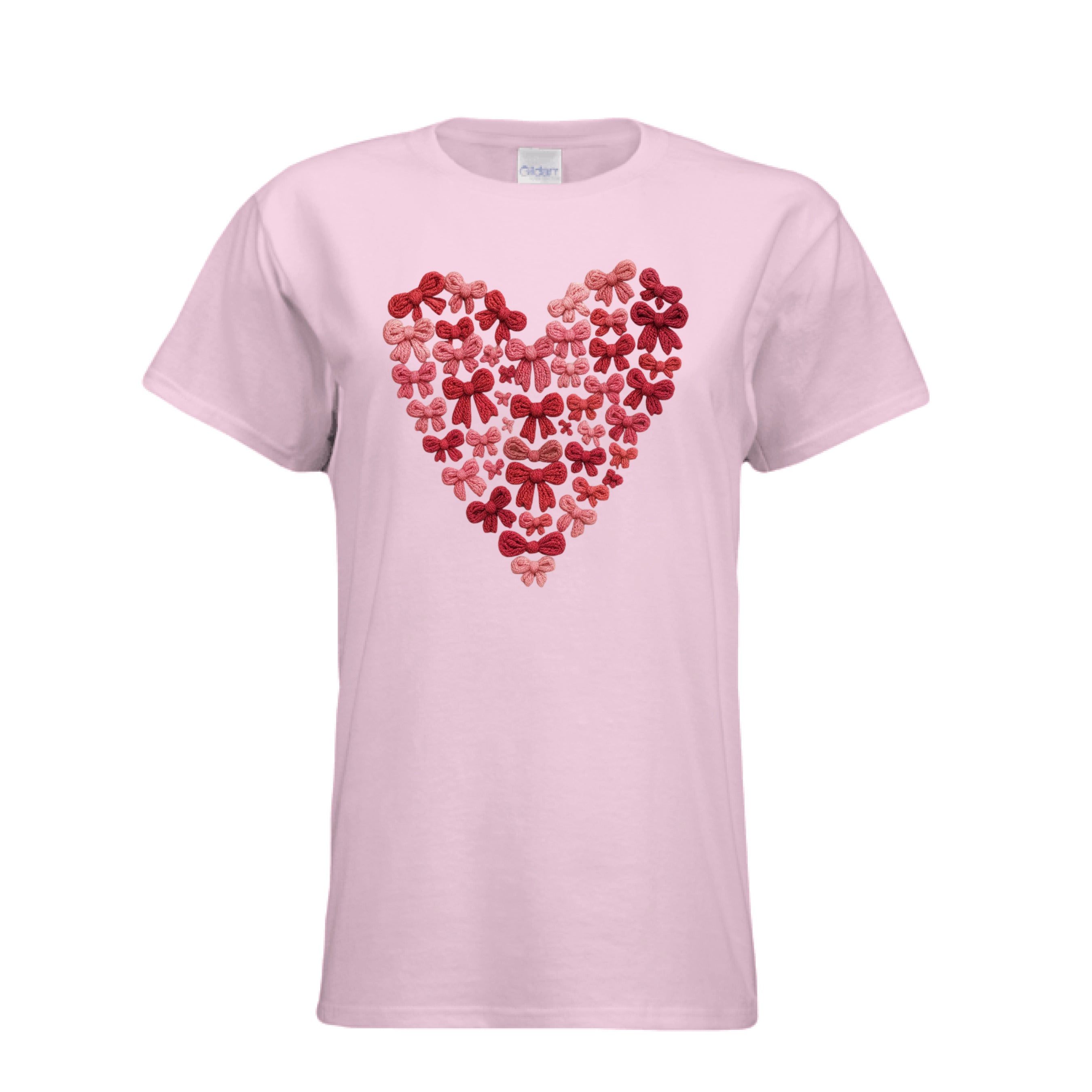 Light Pink Knitted Hearts Coquette Bow Tee with a red heart made out of little bows that appear to be made out of yarn. 