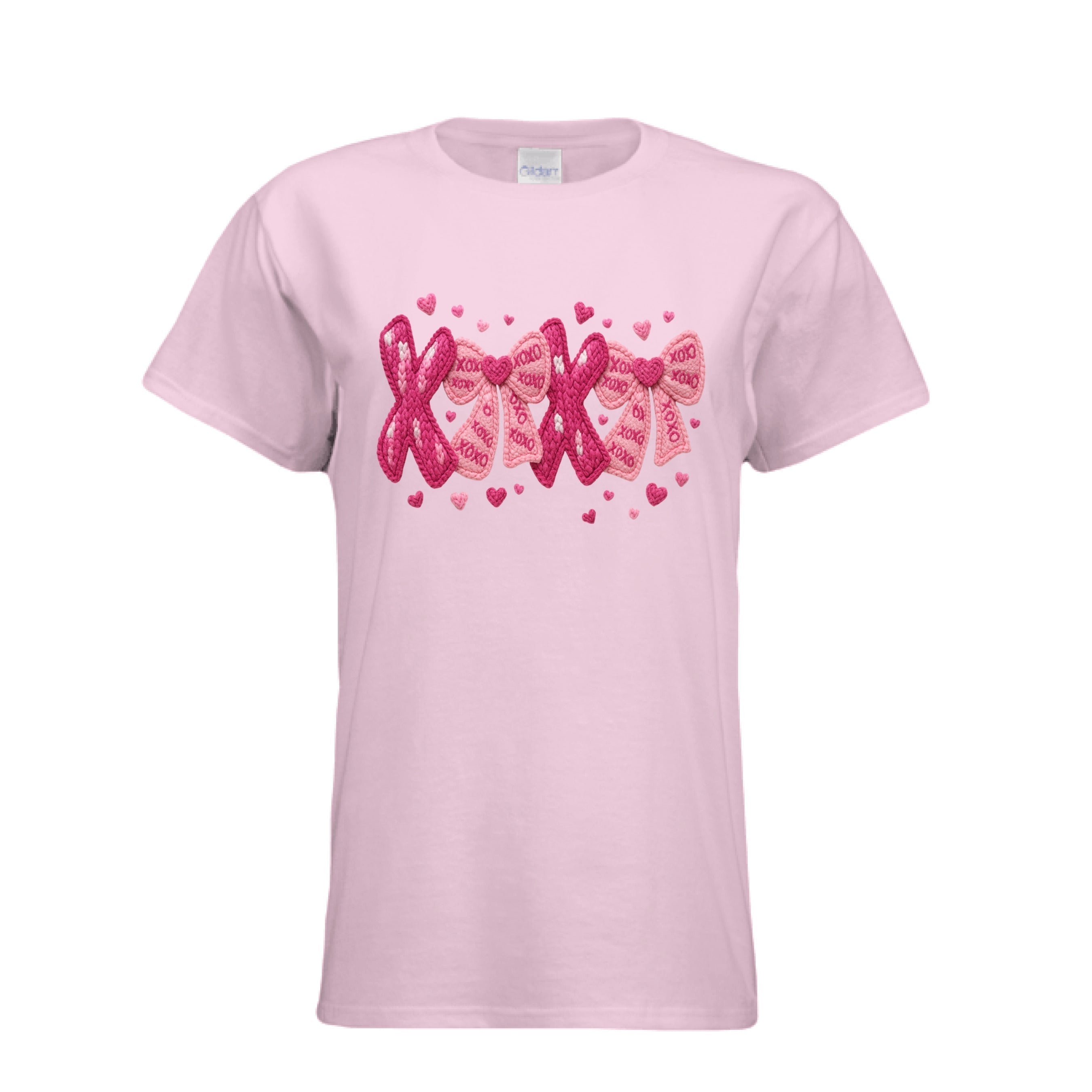 Light Pink Womens XOXO Coquette Knitted Bows Tee is a unique yarn-textured "Hugs & Kisses" design on a fitted cotton t-shirt. 