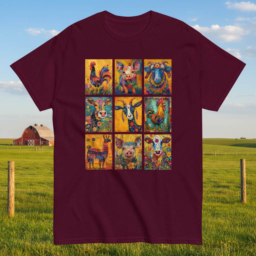 Maroon_Unisex_Quirky_Barnyard_Crew_T-shirt