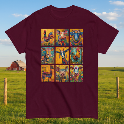 Maroon_Unisex_Quirky_Barnyard_Crew_T-shirt