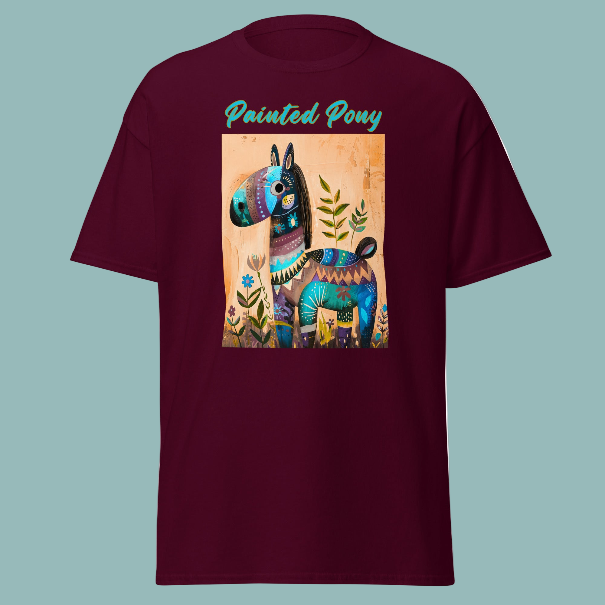 Maroon | Unisex | Painted Pony T-Shirt | Southwest Festive with a Turquoise Flare
