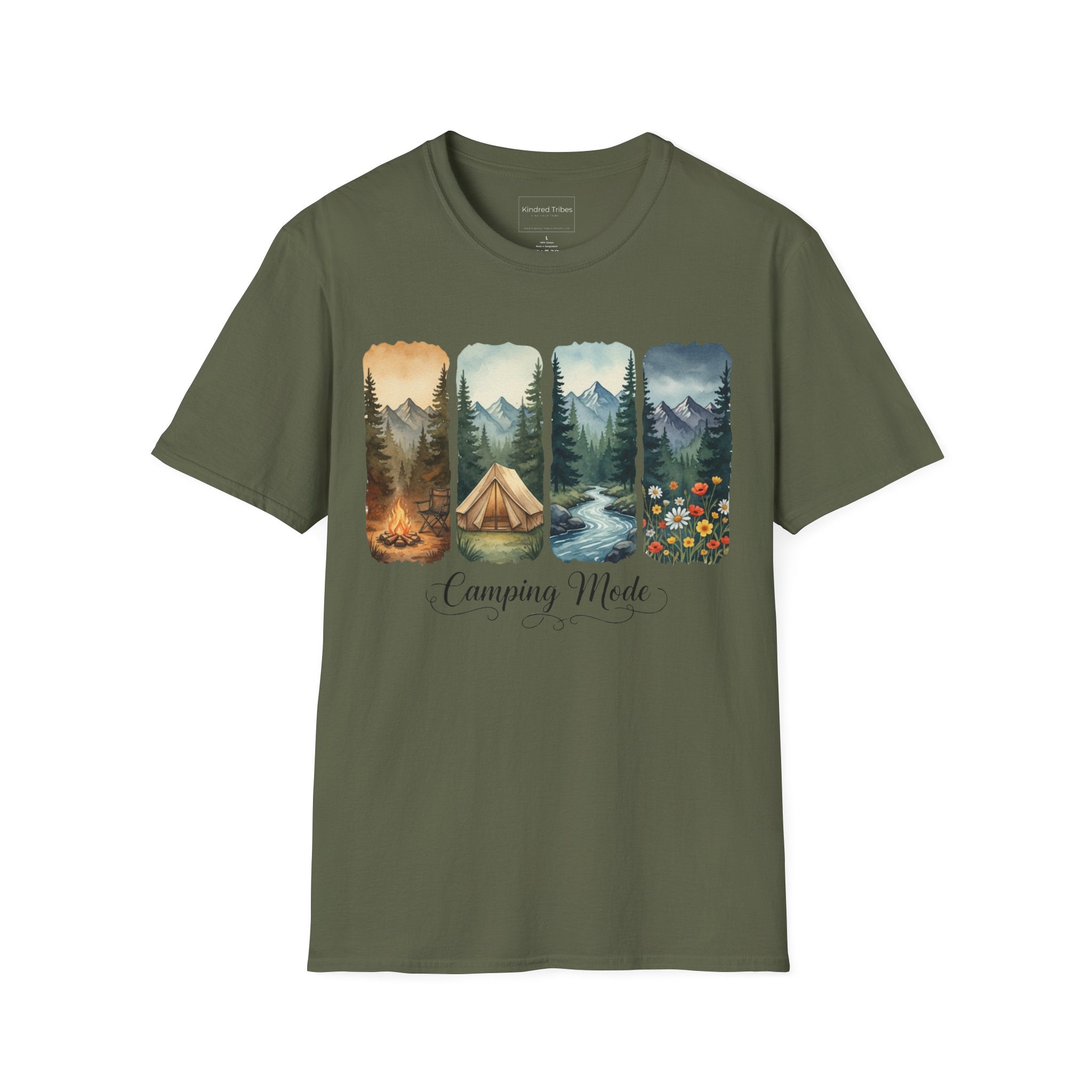 Military Green | Unisex | Camping Mode T-Shirt-Scenic Tent & Campfire Nature 
