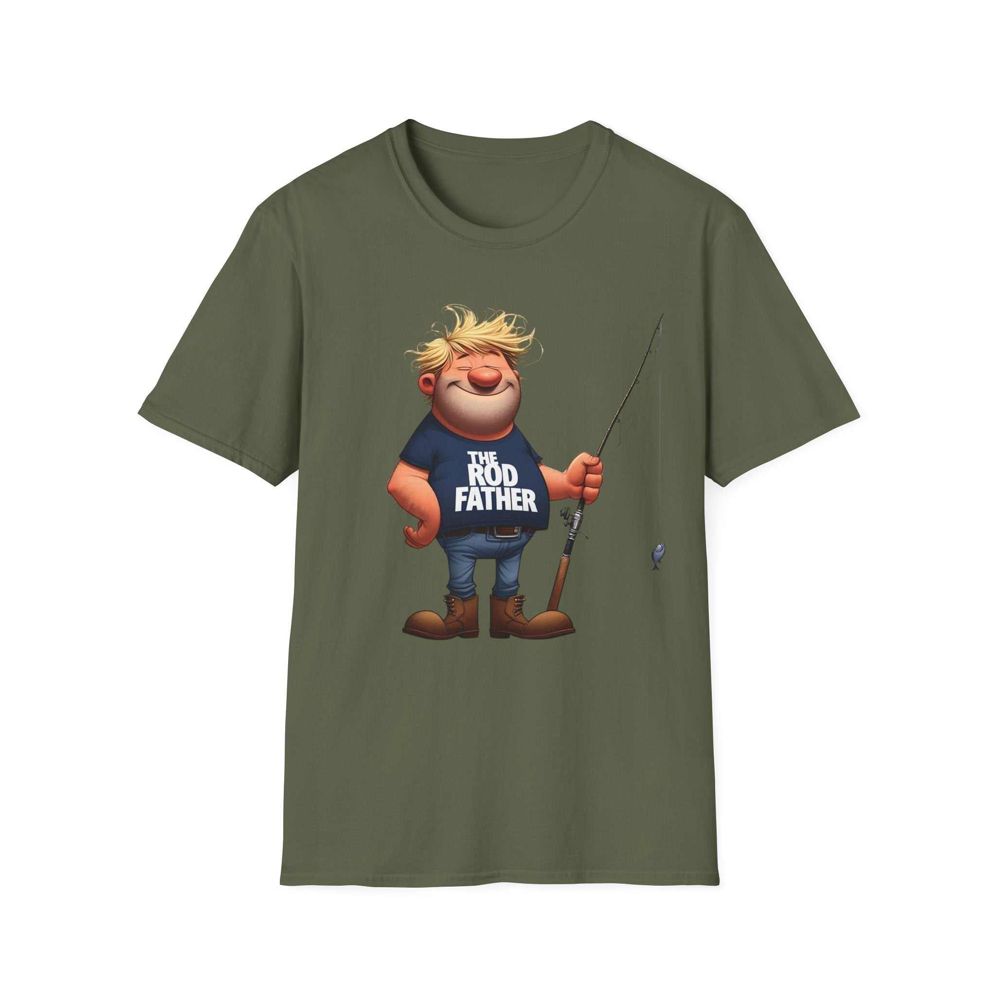 Military Green | Unisex | Cartoon Rodfather Fishing T-Shirt | Perfect Gift for Dad