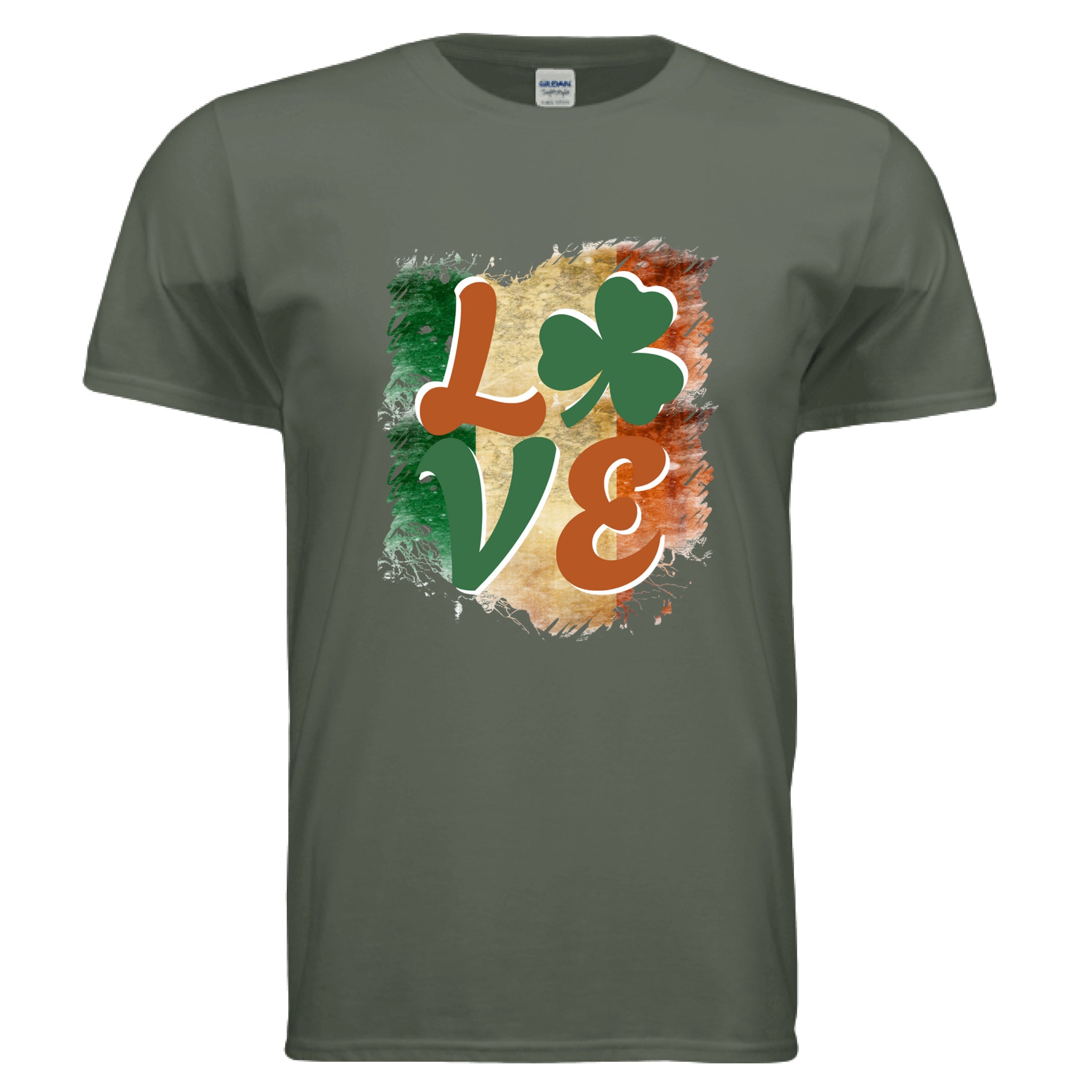 A Military Green Celtic Love t-shirt featuring a vintage-style graphic of the word 'LOVE.' The letters 'L,' 'V,' and 'E' are in a stylized, earthy orange and green font. A vibrant green shamrock replaces the letter 'O.' The entire word is set against a distressed, brushstroke-style background representing the green, white, and orange vertical stripes of the Irish flag.
