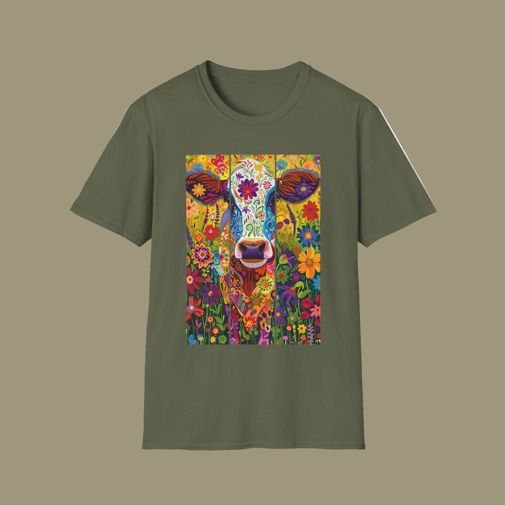 Military Green | Unisex | Colorful Floral Cow T-Shirt - Vibrant Folk Art Farm Animal Tee