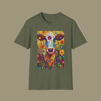 Military Green | Unisex | Colorful Floral Cow T-Shirt - Vibrant Folk Art Farm Animal Tee