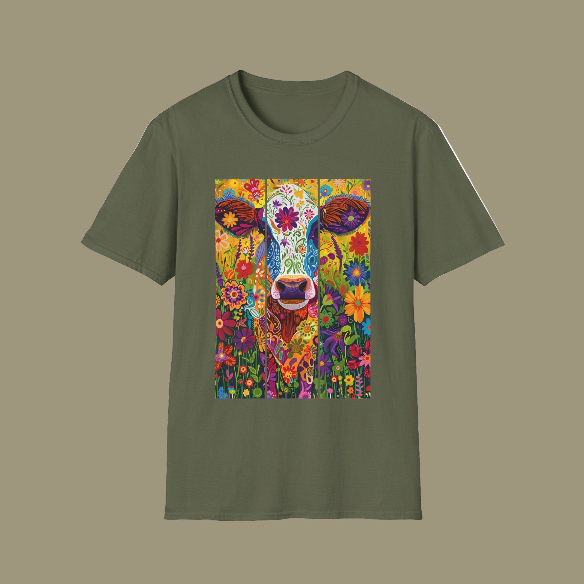 Military Green | Unisex | Colorful Floral Cow T-Shirt - Vibrant Folk Art Farm Animal Tee