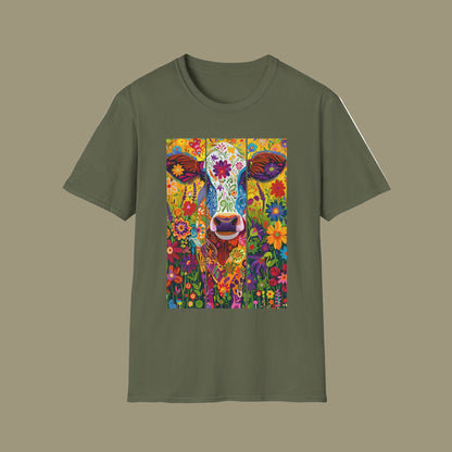 Military Green | Unisex | Colorful Floral Cow T-Shirt - Vibrant Folk Art Farm Animal Tee