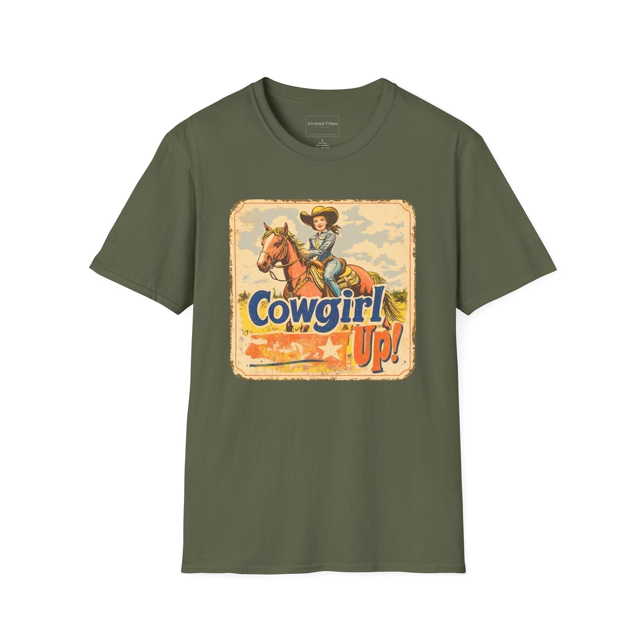 Military Green | Unisex | Cowgirl Up Vintage Rodeo Poster Inspired T-Shirt - Western spirit