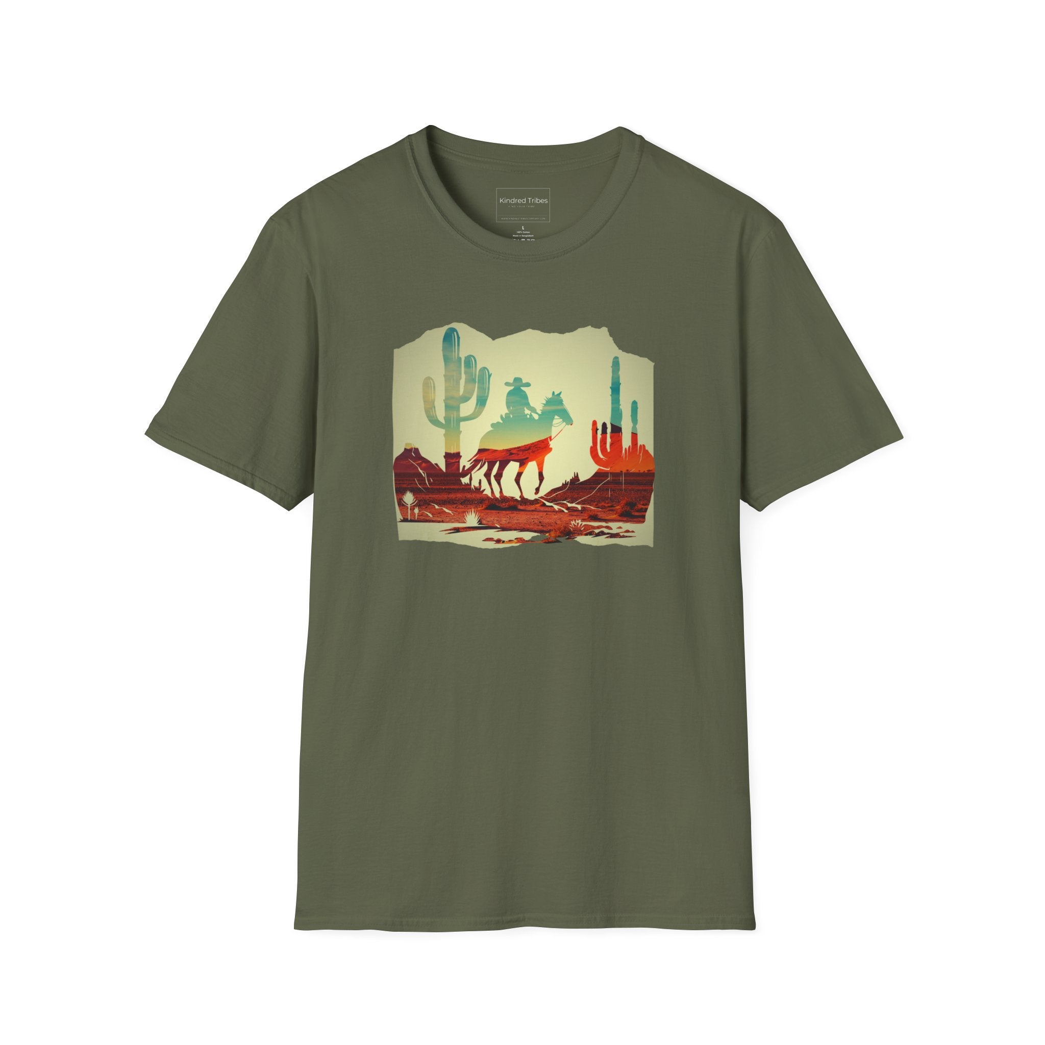 Desert Rider T-Shirt in Military Green - Artistic silhouette of a cowboy on a horse at sunset against large saguaro cacti. 