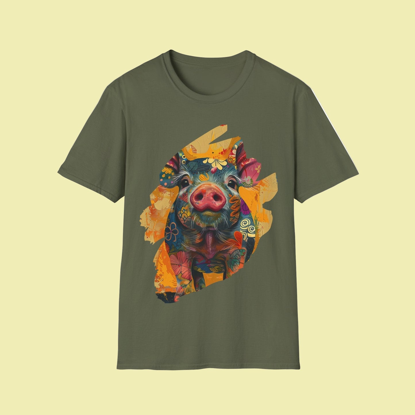 Military Green | Unisex | Hello Piggy T-Shirt - Vibrant Farm Animal Graphic Tee