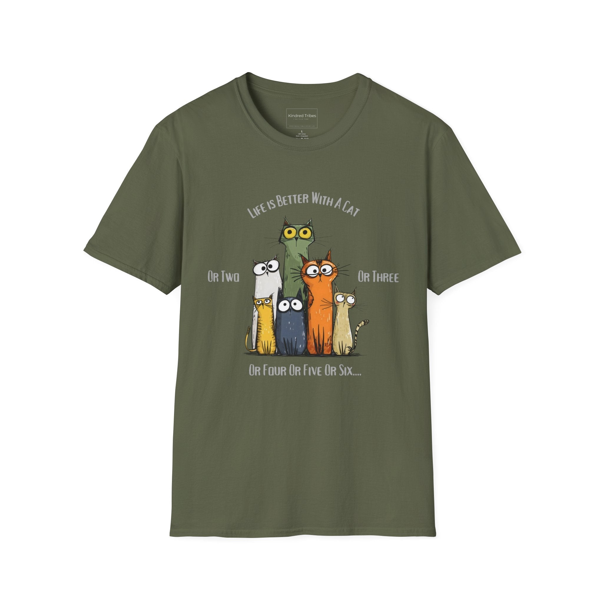 Military Green | Unisex | Life Is Better With a Cat - Graphic T-Shirt (Six Cats) | Gift for Cat Lovers