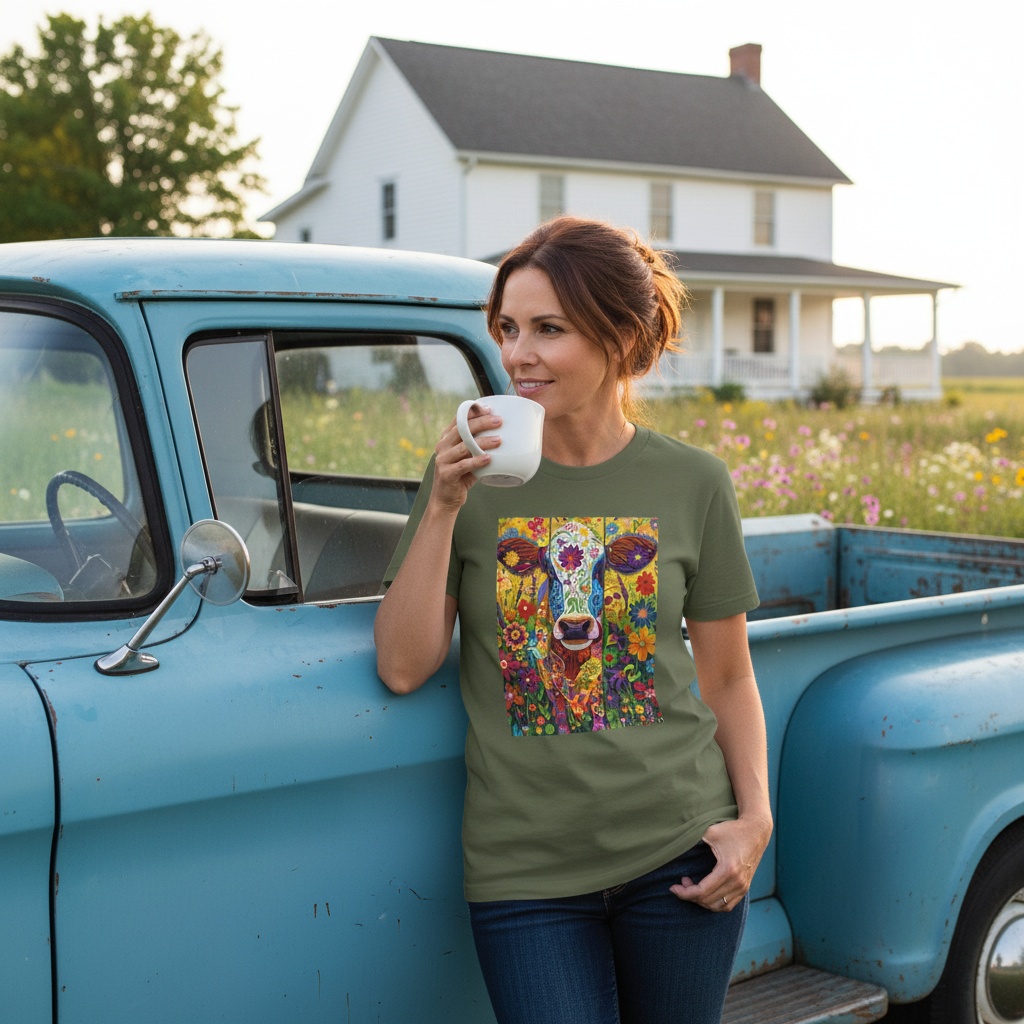 Military Green | Unisex | Colorful Floral Cow T-Shirt - Vibrant Folk Art Farm Animal Tee