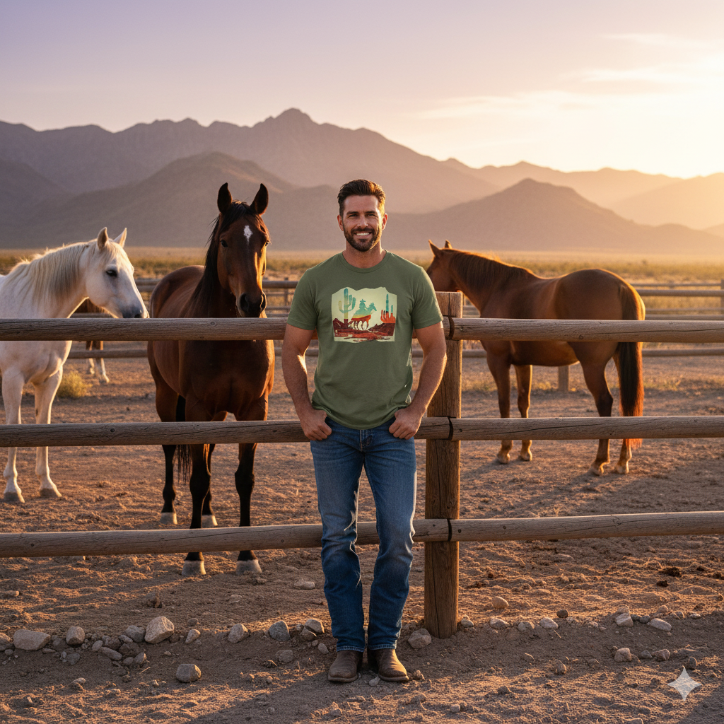 A man wearing a Desert Rider T-Shirt in Military Green - Artistic silhouette of a cowboy on a horse at sunset against large saguaro cacti. 