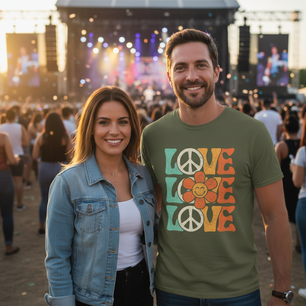 Military Green | Unisex | Lifestyle | Retro Peace and Love T-Shirt -Smiling Flower Hippie Tee