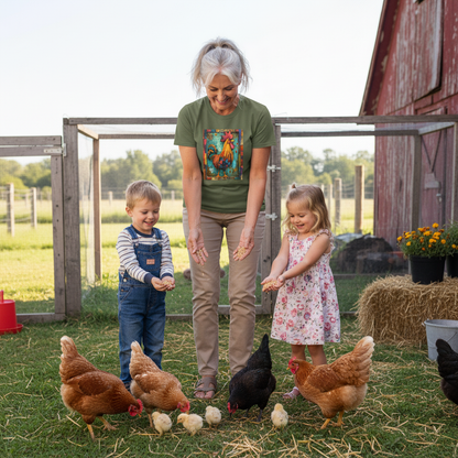 Military Green | Unisex | Lifestyle | Rooster Farmhouse T-Shirt - Colorful Rustic Rooster Art Tee