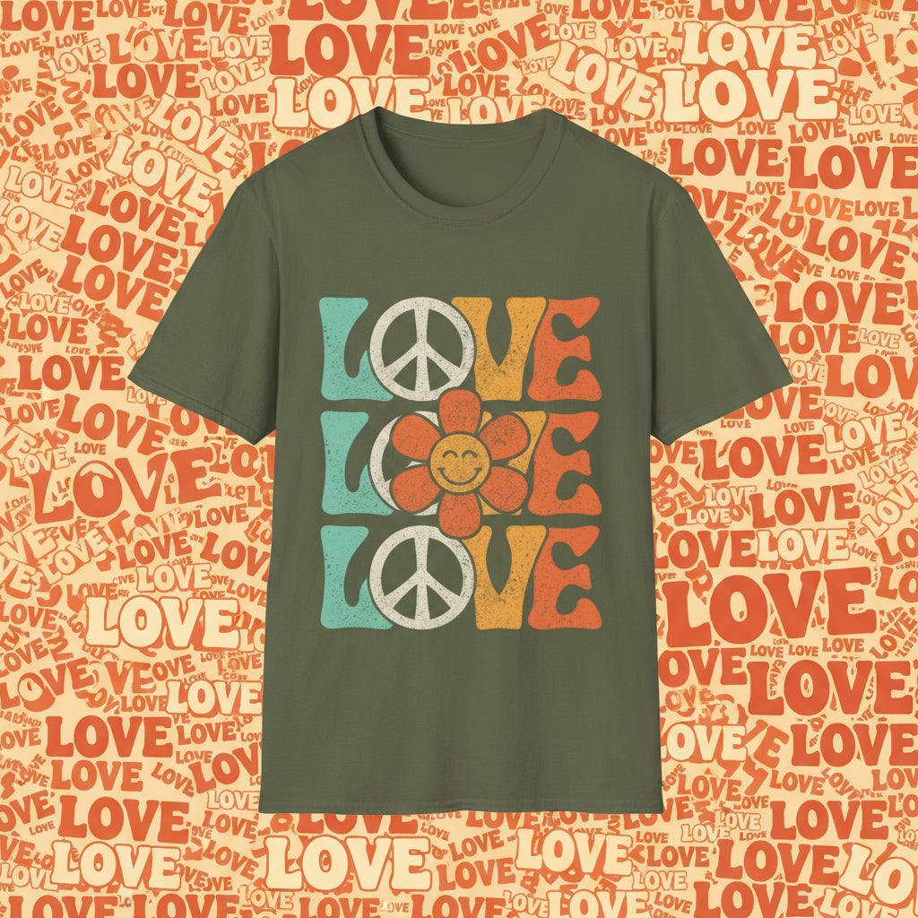Military Green | Unisex | Retro Peace and Love T-Shirt - Smiling Flower Hippie Tee