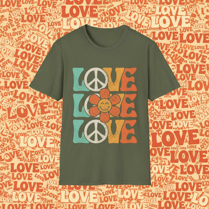 Military Green | Unisex | Retro Peace and Love T-Shirt - Smiling Flower Hippie Tee