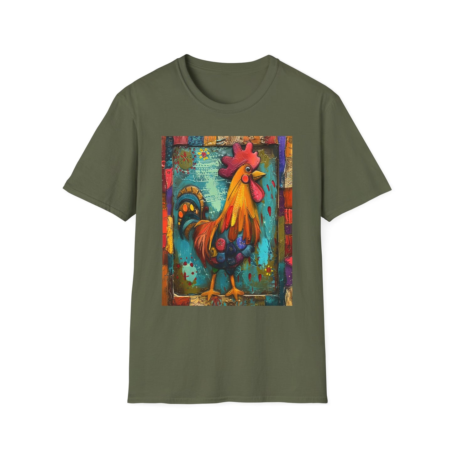 Military Green | Unisex | Rooster Farmhouse T-Shirt - Colorful Rustic Rooster Art Tee