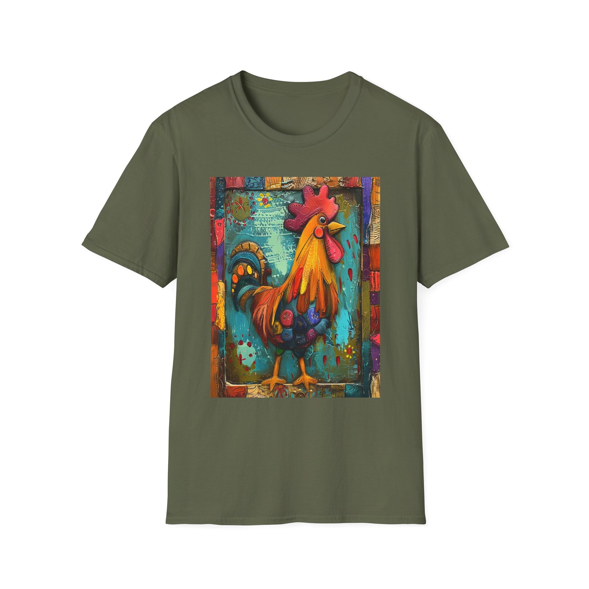 Military Green | Unisex | Rooster Farmhouse T-Shirt - Colorful Rustic Rooster Art Tee