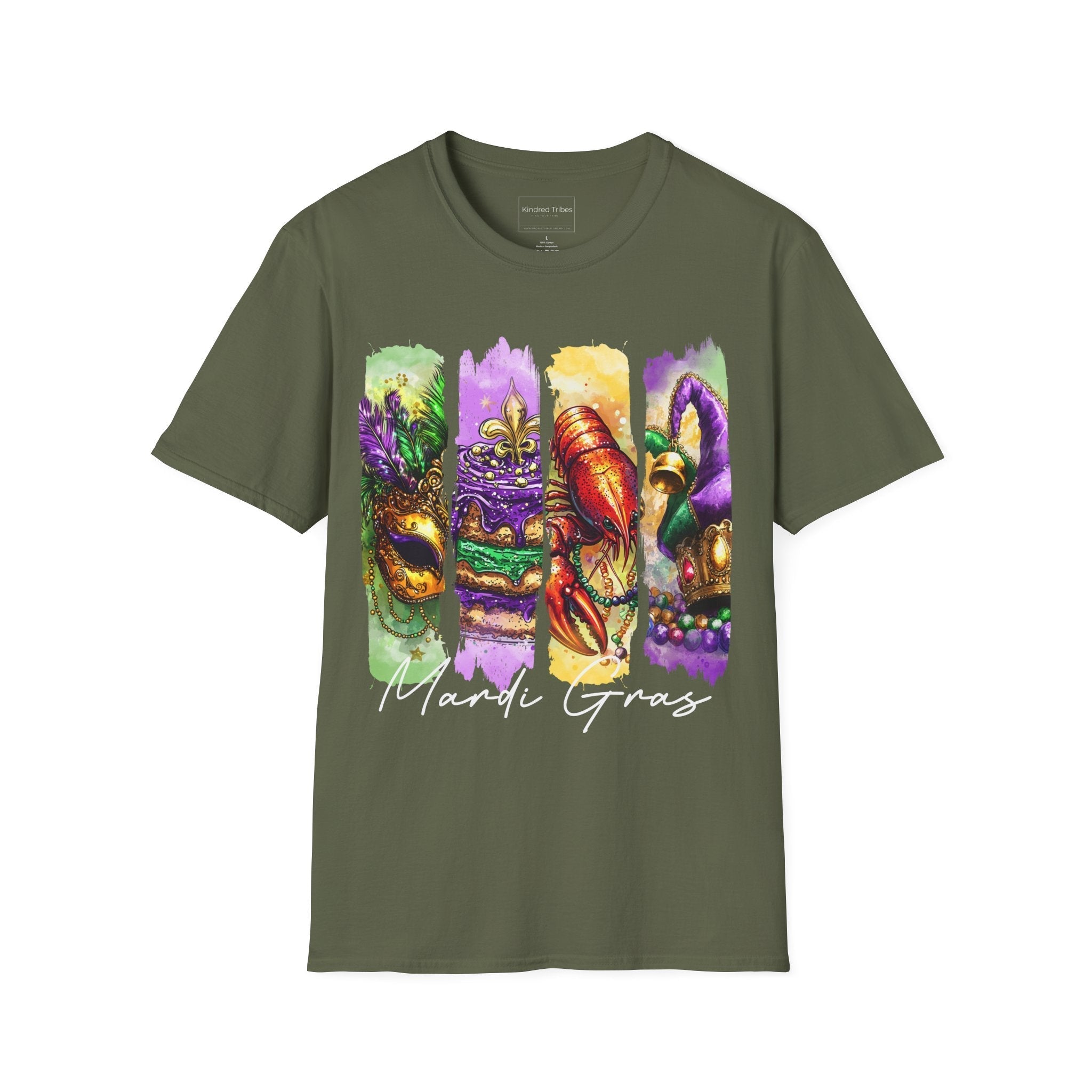 The Ultimate Mardi Gras Tee in Military Green featuring a four-panel vertical graphic celebrating Mardi Gras. The panels, from left to right, depict an ornate golden masquerade mask on a green background, a purple-iced King Cake with a fleur-de-lis on a purple background, a vibrant red crawfish on a yellow background, and a jester's hat with colorful beads on a purple background. Below the panels, 'Mardi Gras' is written in elegant black script.