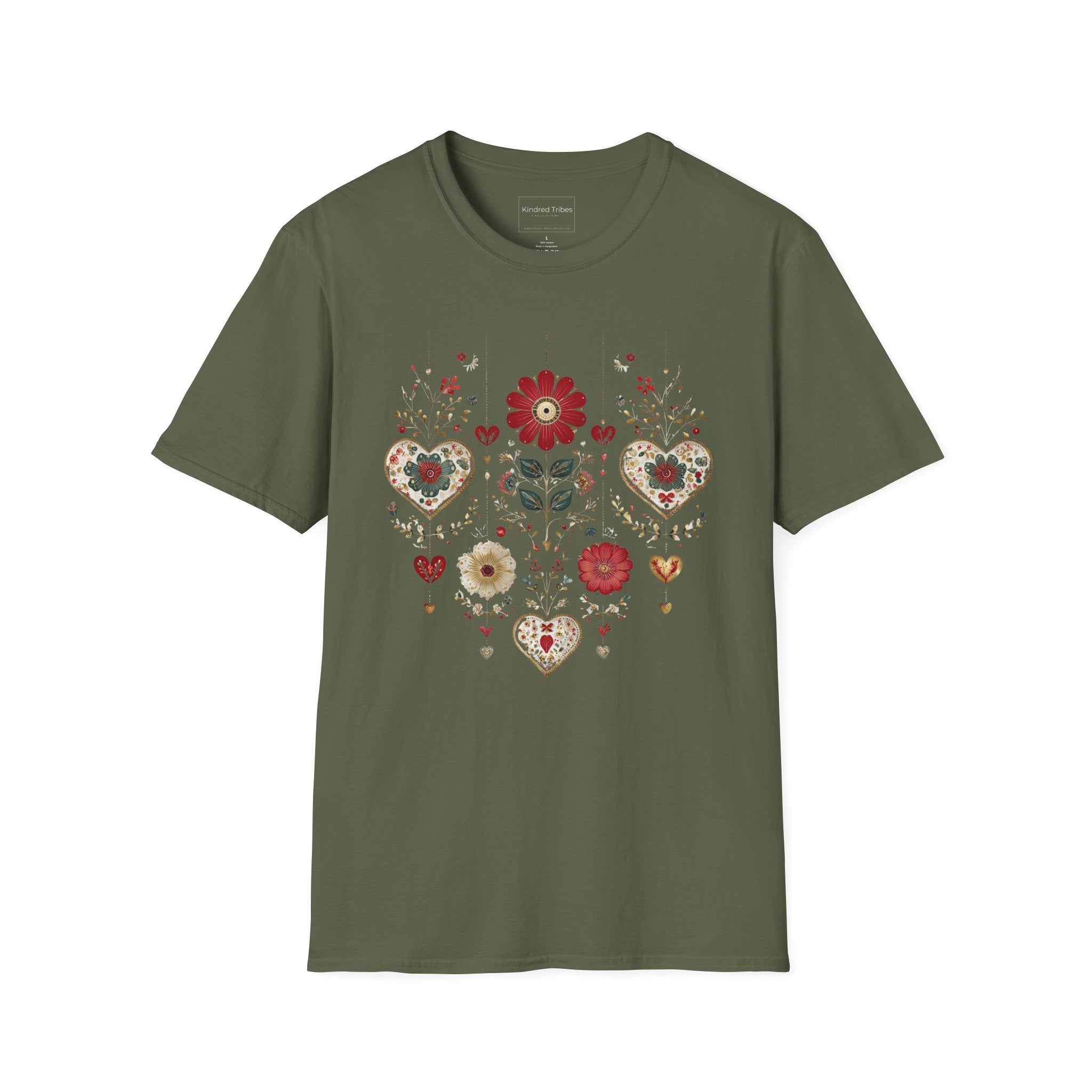 Military Green Folk Art Hanging Hearts T-Shirt has a floral folk art design with artisanal hearts.