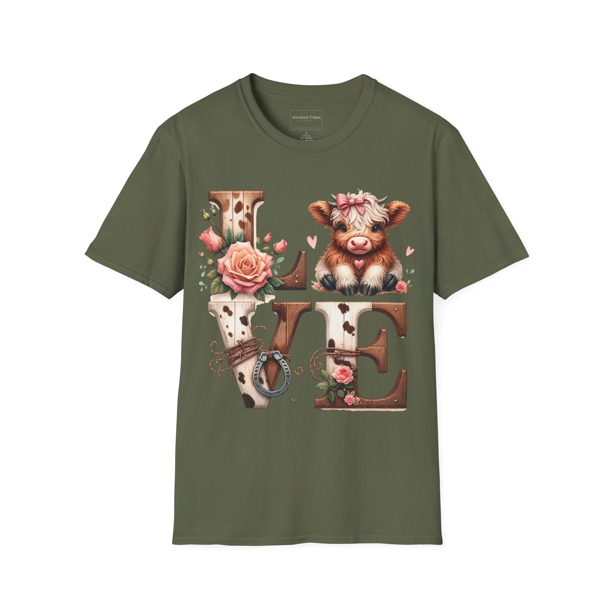 Green t-shirt with a baby highland cow  and floral highlights around wooden and cow hide letters spelling 'LOVE'.