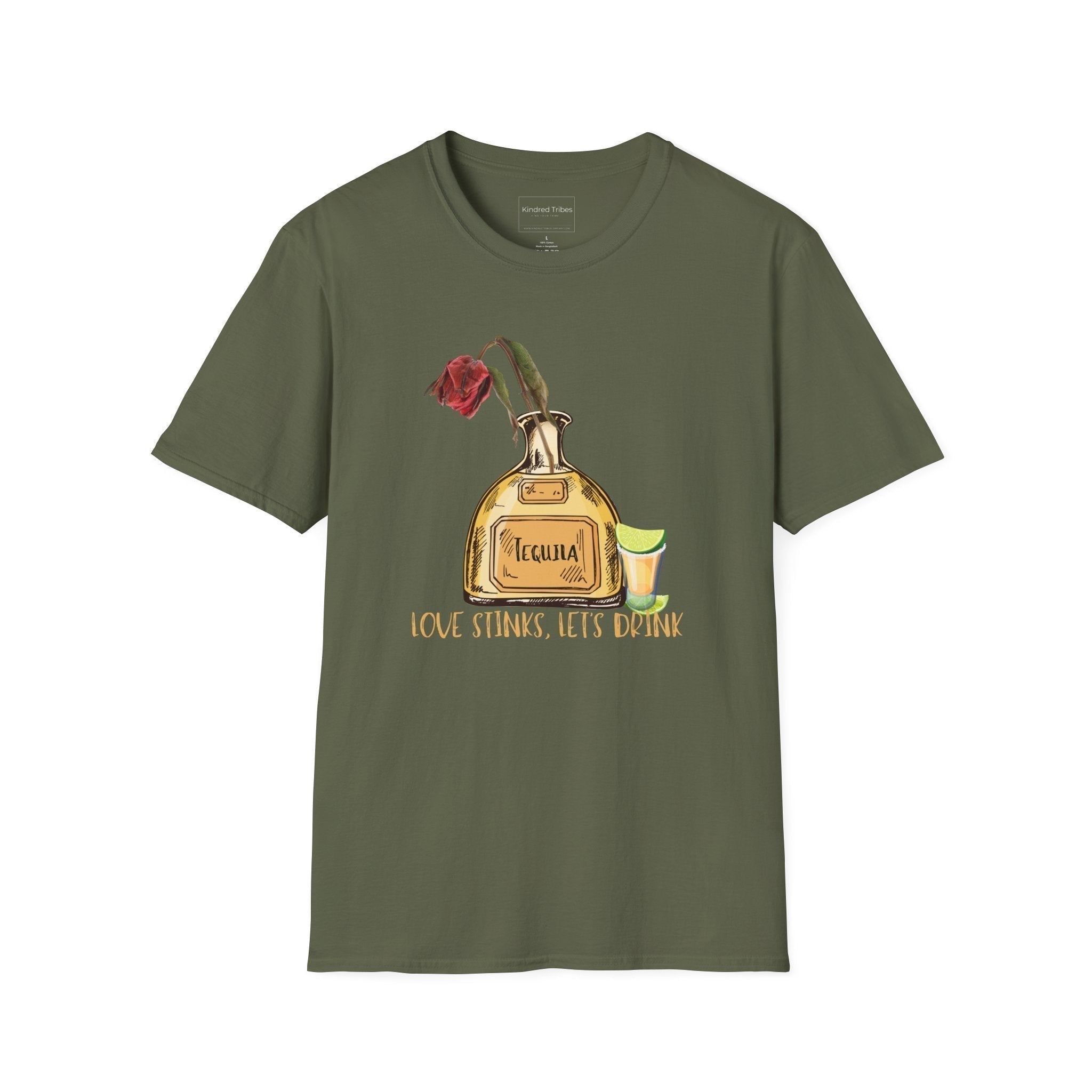 Green Love Stinks Let’s Drink Anti-V Day Tee with a graphic Tequila bottle with a wilted rose in it, a shot glass with limes to the side, and text of Love Stinks, Let's Drink under it. 