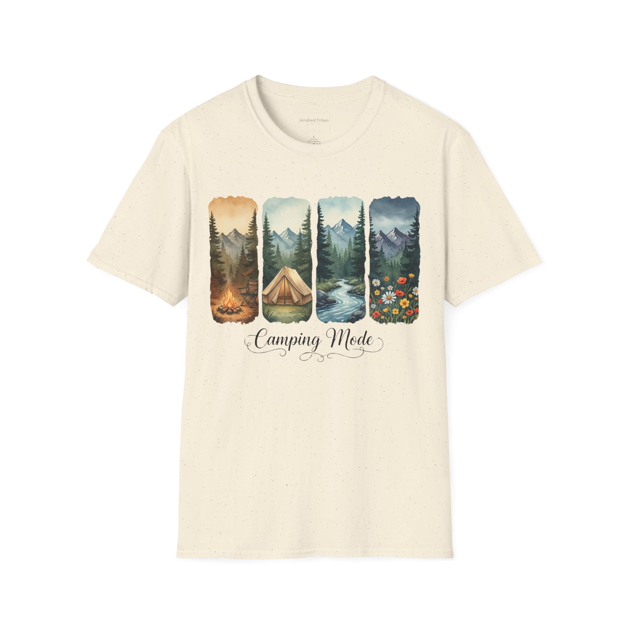 Natural | Unisex | Camping Mode T-Shirt-Scenic Tent & Campfire Nature 
