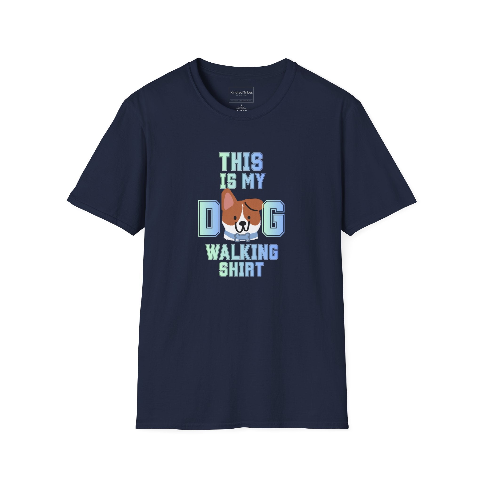 Navy Blue t-shirt with a cute dog graphic and text that reads 'This Is My Dog Walking Shirt'.