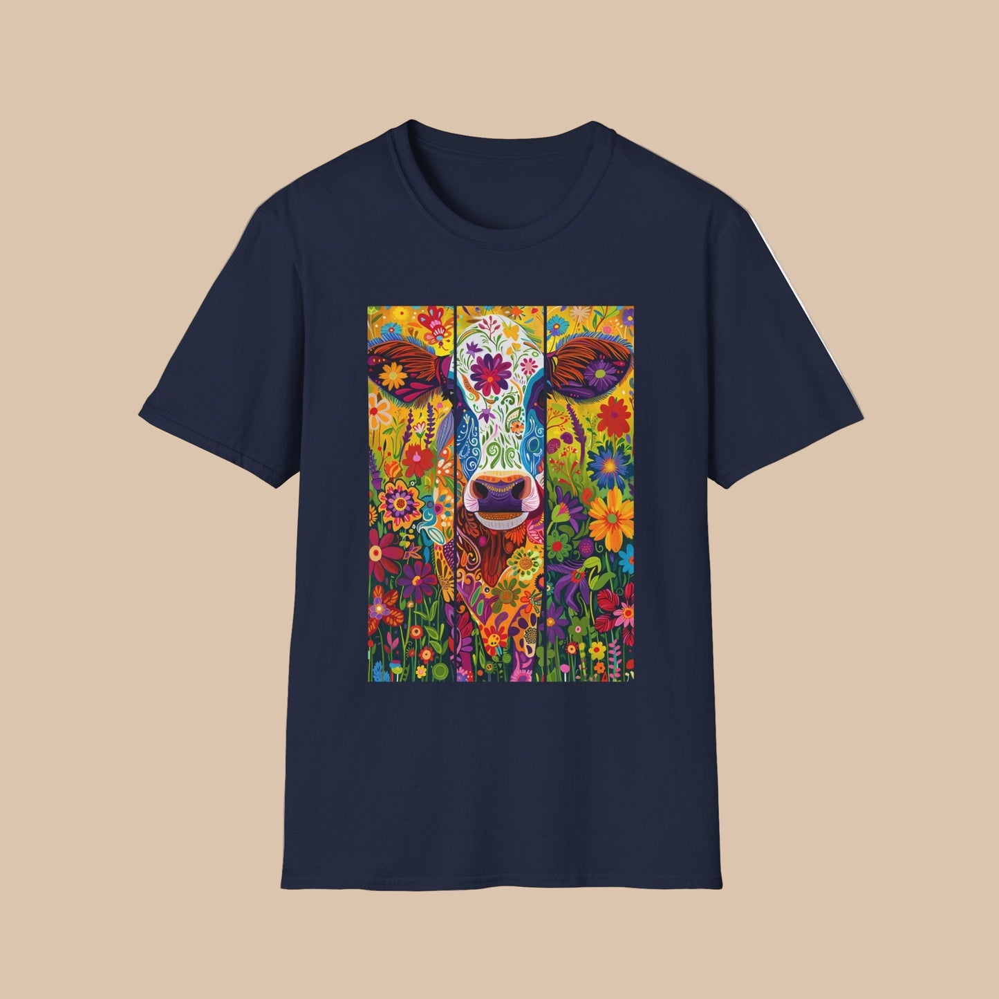 Navy | Unisex | Colorful Floral Cow T-Shirt - Vibrant Folk Art Farm Animal Tee