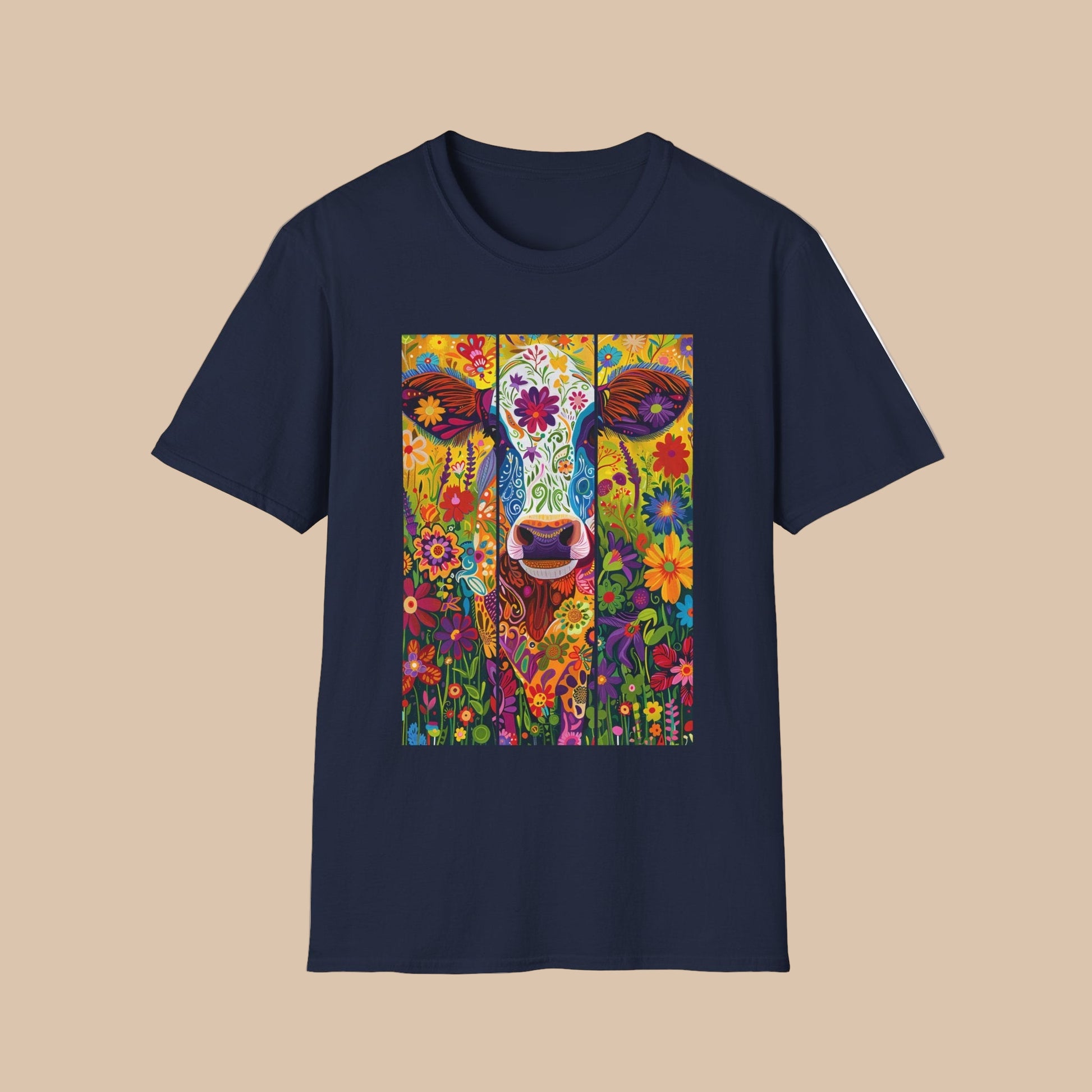 Navy | Unisex | Colorful Floral Cow T-Shirt - Vibrant Folk Art Farm Animal Tee