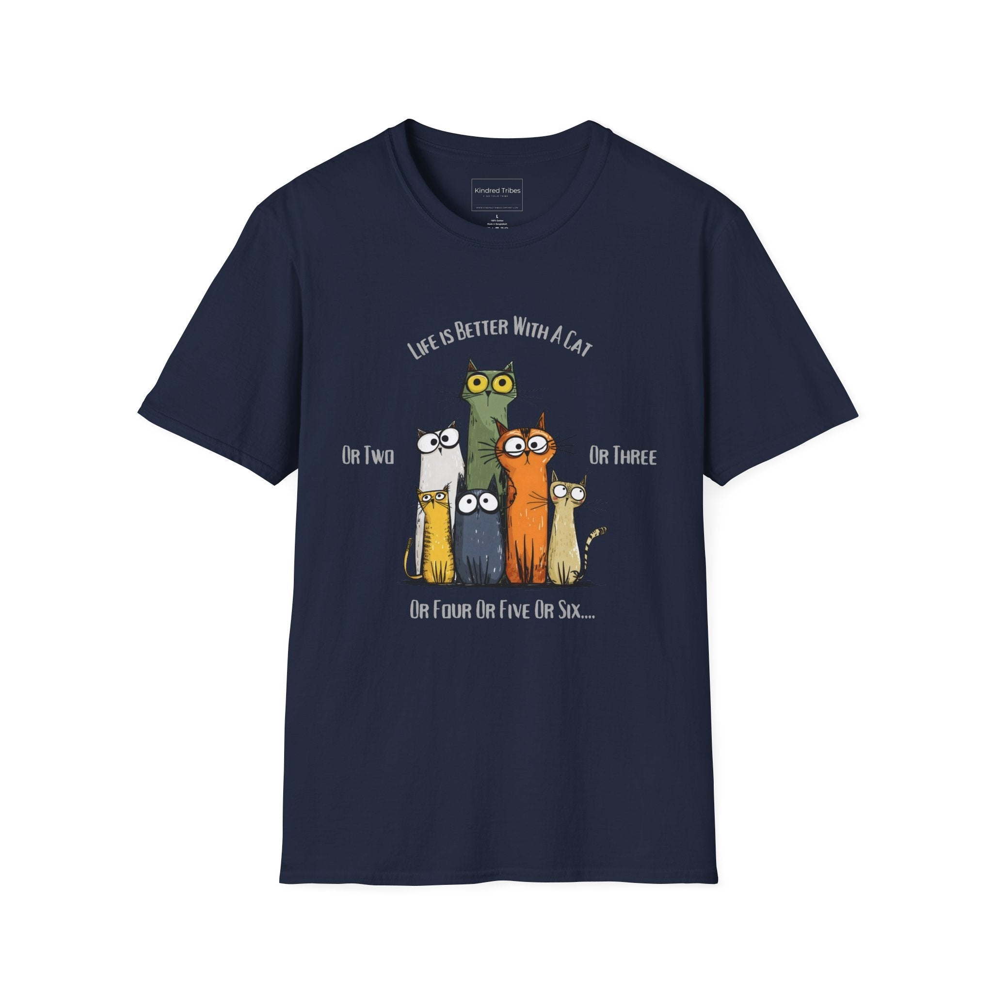 Navy | Unisex | Life Is Better With a Cat - Graphic T-Shirt (Six Cats) | Gift for Cat Lovers