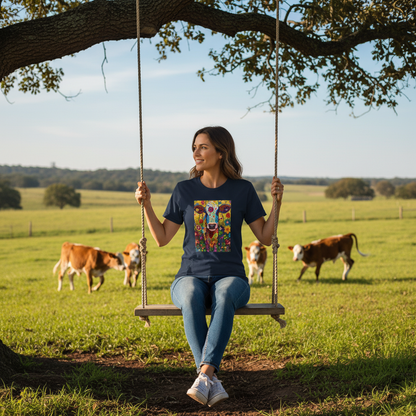 Navy | Unisex | Lifestyle | Colorful Floral Cow T-Shirt - Vibrant Folk Art Farm Animal Tee