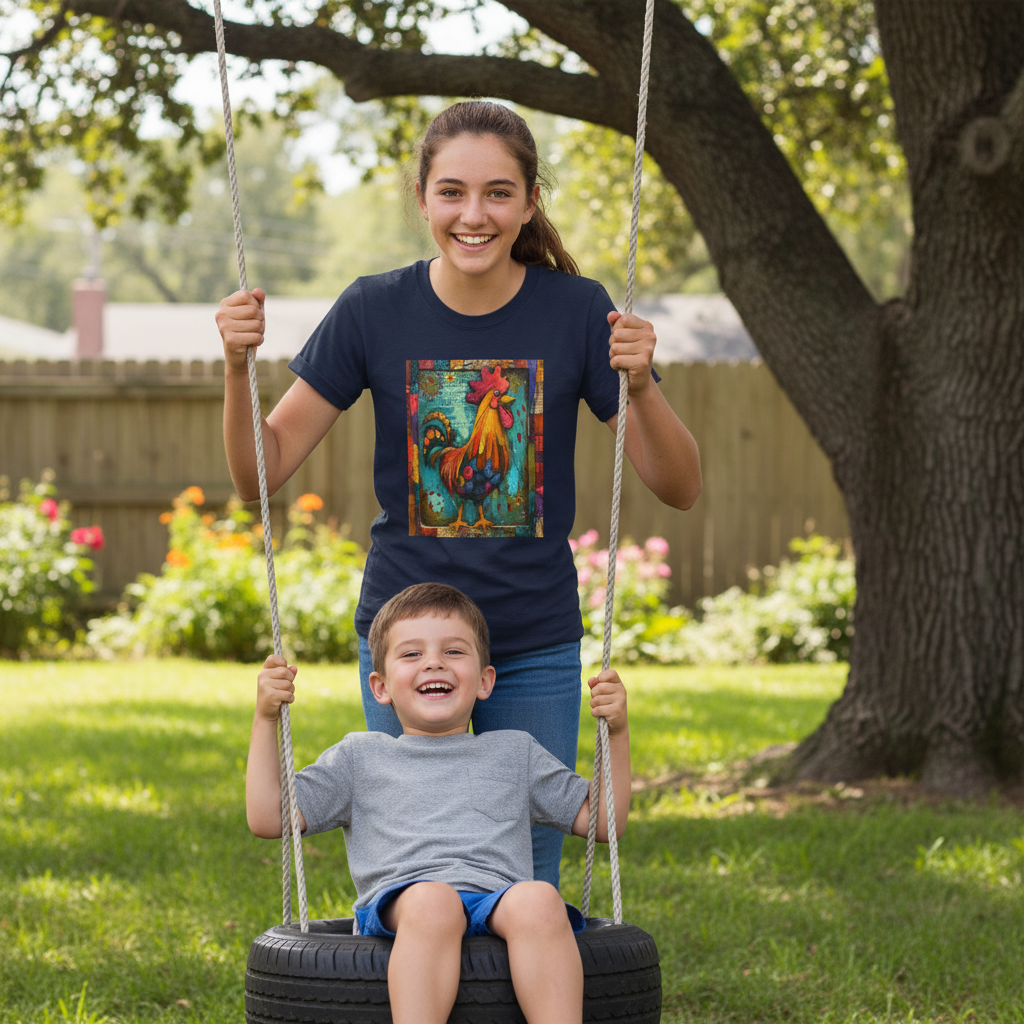 Navy | Unisex | Lifestyle | Rooster Farmhouse T-Shirt - Colorful Rustic Rooster Art Tee