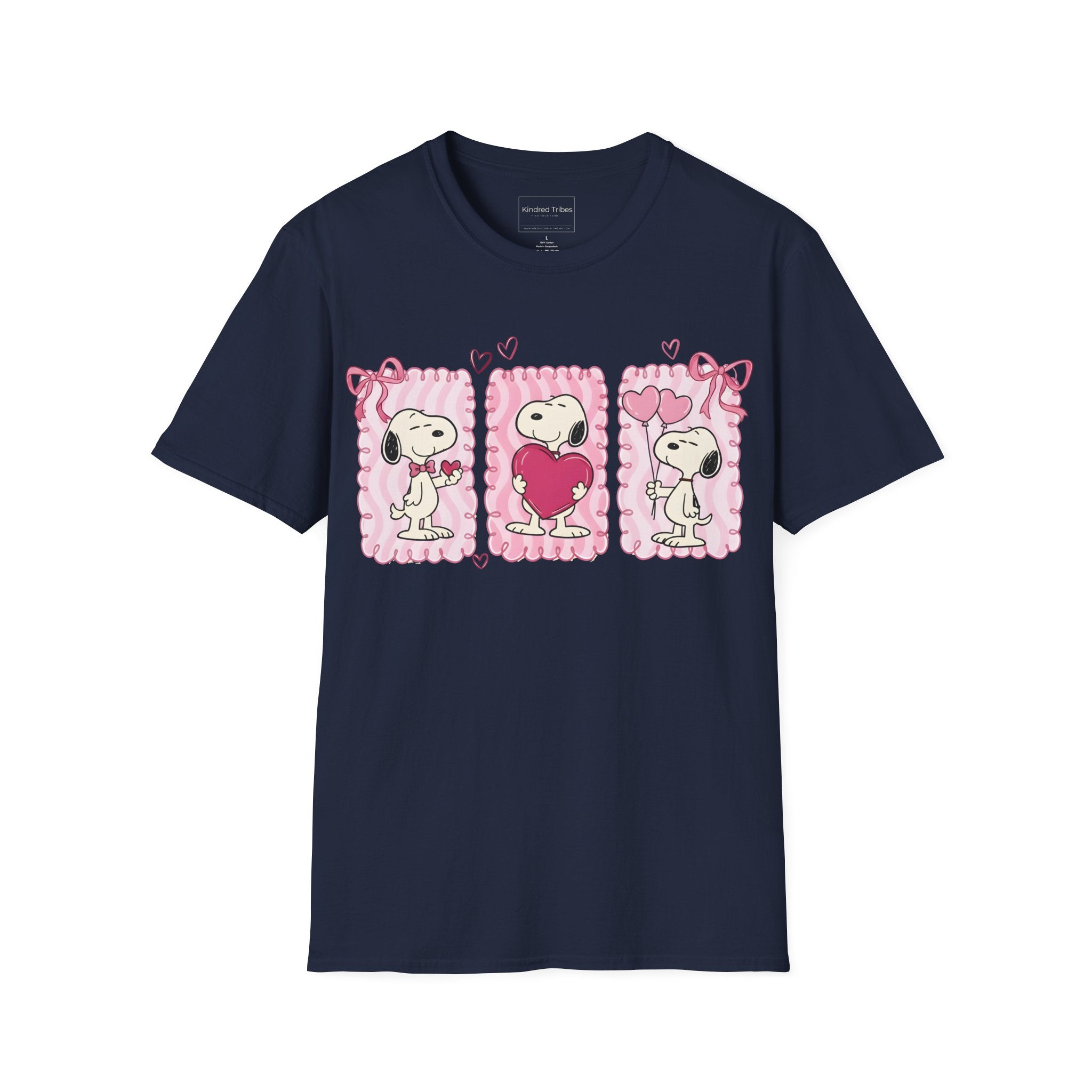 Navy Blue T-shirt with three distinct panels of Snoopy—sharing a small heart, hugging a giant one, and holding heart-shaped balloons—this tee is a playful celebration of friendship, affection, and the "Puppy Love" spirit.