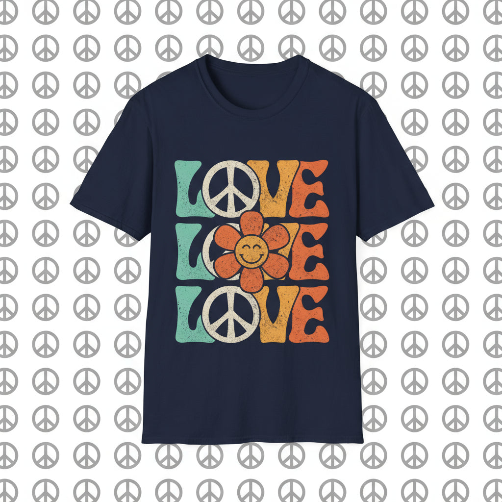 Navy | Unisex | Retro Peace and Love T-Shirt - Smiling Flower Hippie Tee
