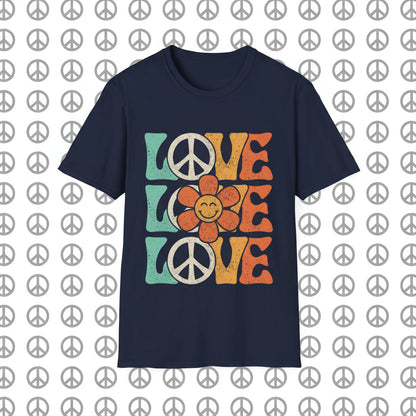 Navy | Unisex | Retro Peace and Love T-Shirt - Smiling Flower Hippie Tee