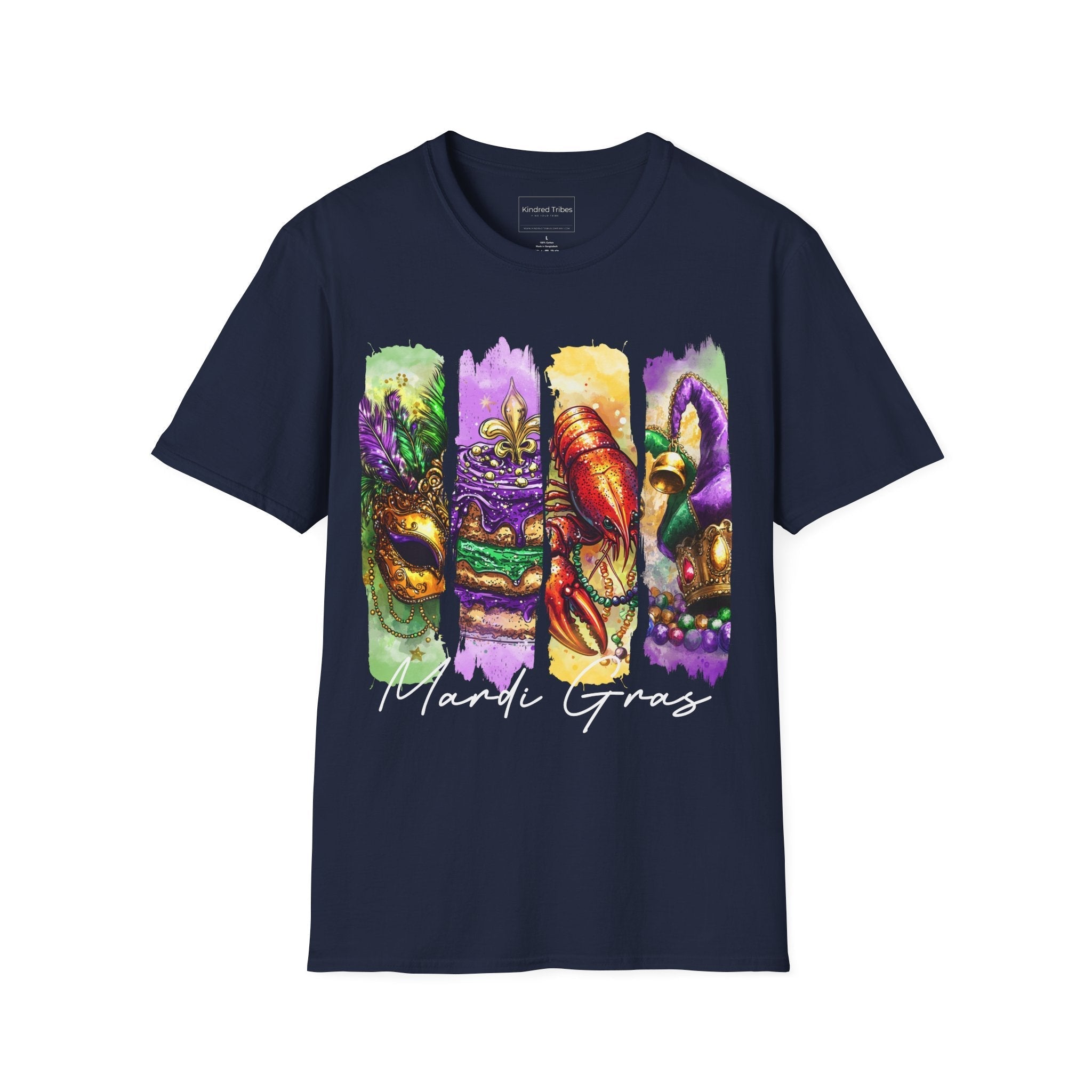 The Ultimate Mardi Gras Tee in Navy Blue featuring a four-panel vertical graphic celebrating Mardi Gras. The panels, from left to right, depict an ornate golden masquerade mask on a green background, a purple-iced King Cake with a fleur-de-lis on a purple background, a vibrant red crawfish on a yellow background, and a jester's hat with colorful beads on a purple background. Below the panels, 'Mardi Gras' is written in elegant black script.