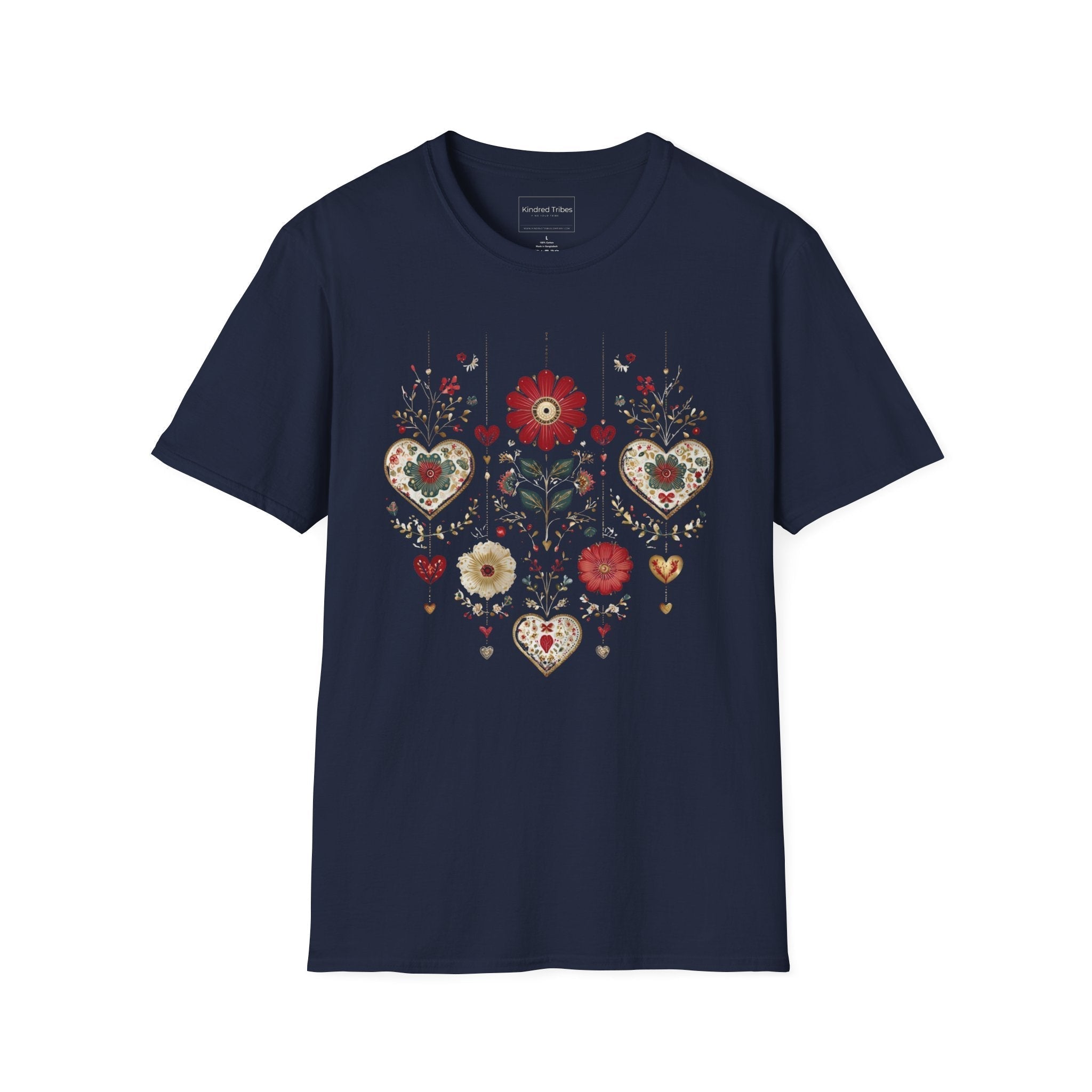 Navy Folk Art Hanging Hearts T-Shirt has a floral folk art design with artisanal hearts.