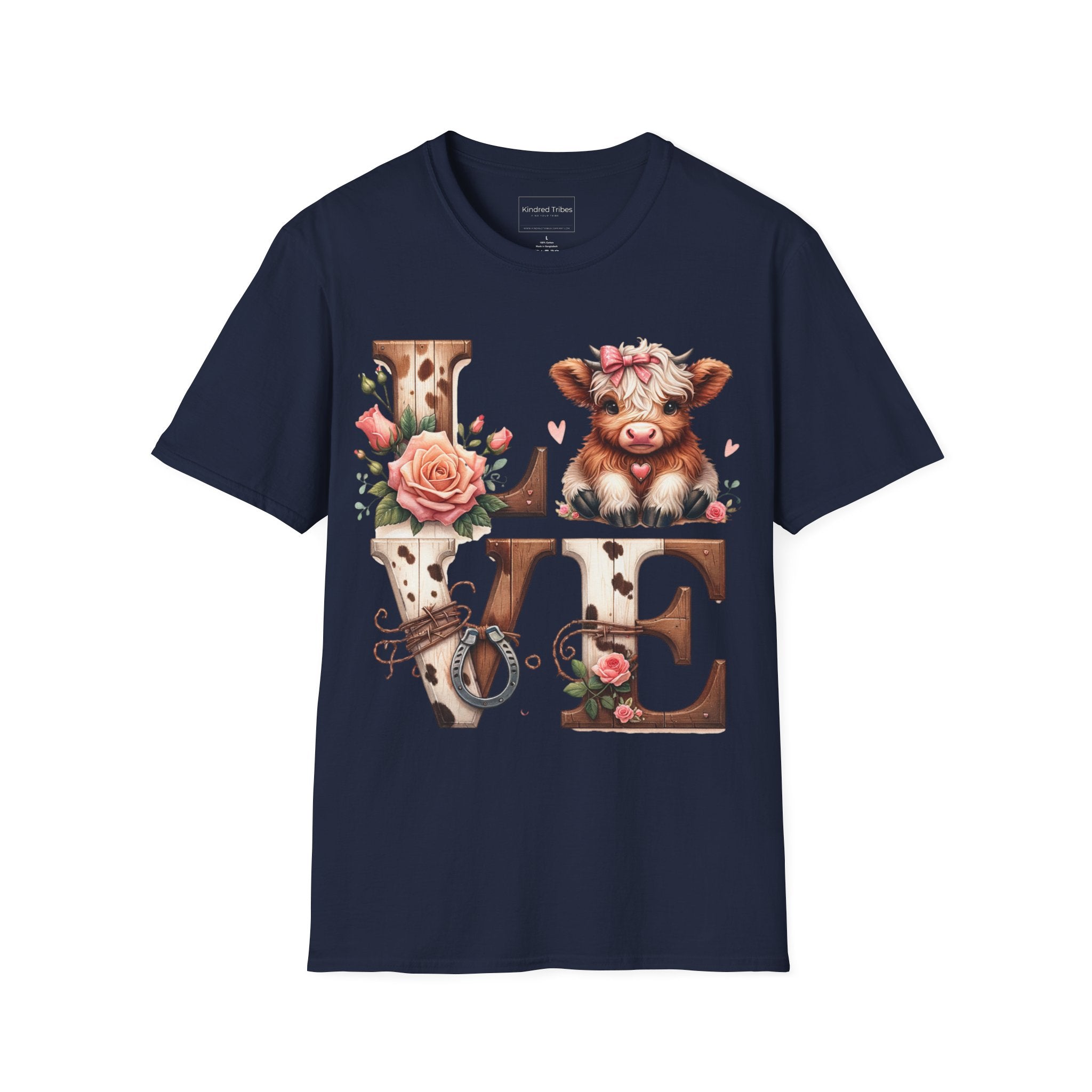 Navy Blue t-shirt with a baby highland cow  and floral highlights around wooden and cow hide letters spelling 'LOVE'.