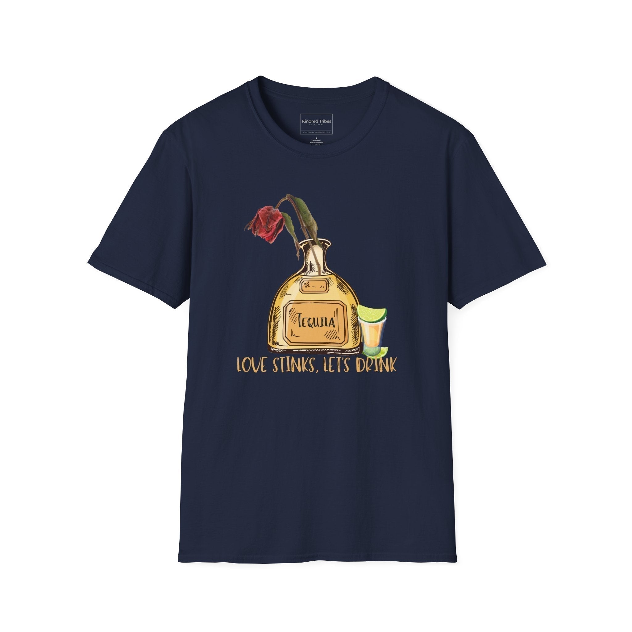 Navy Love Stinks Let’s Drink Anti-V Day Tee with a graphic Tequila bottle with a wilted rose in it, a shot glass with limes to the side, and text of Love Stinks, Let's Drink under it. 