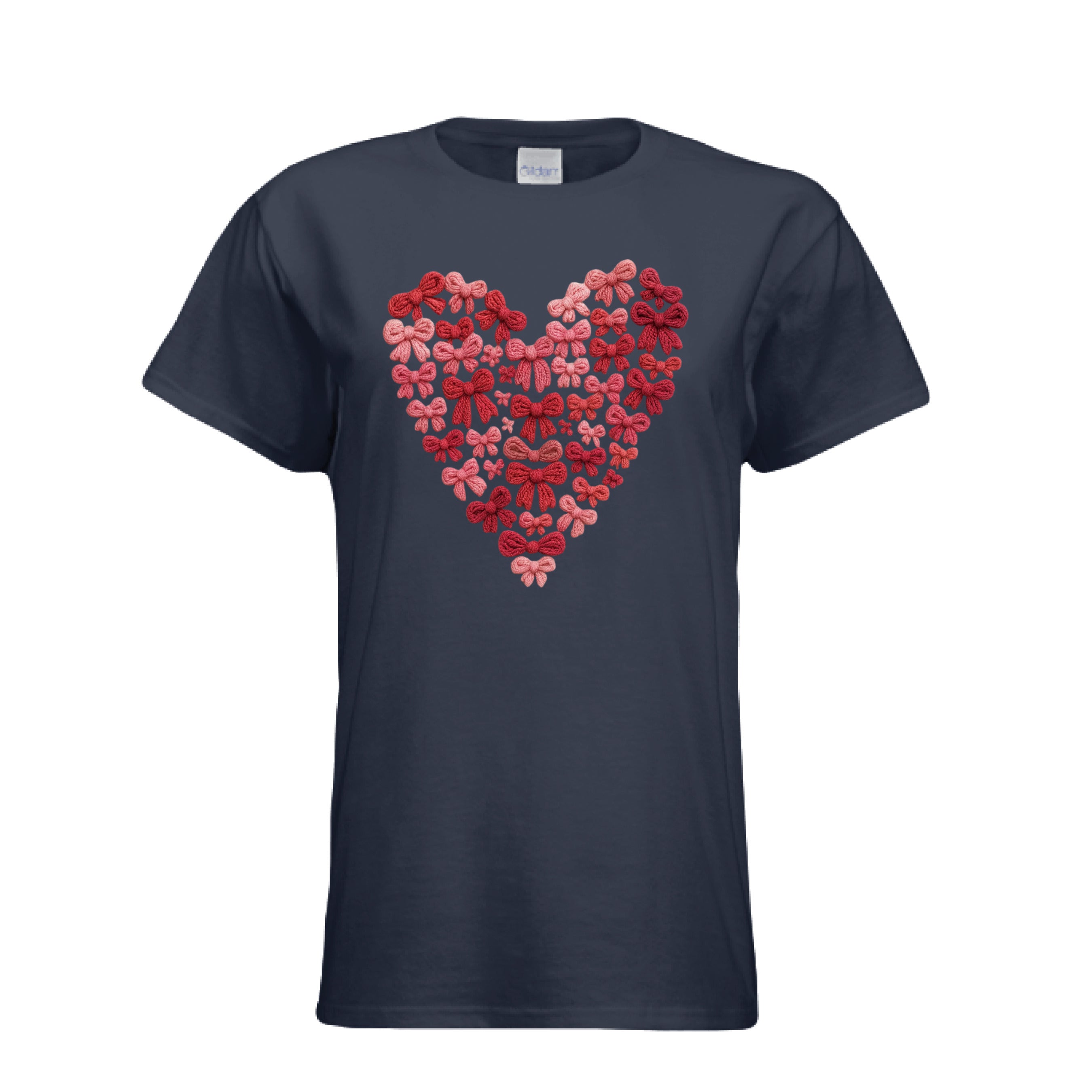 Navy Blue Knitted Hearts Coquette Bow Tee with a red heart made out of little bows that appear to be made out of yarn. 