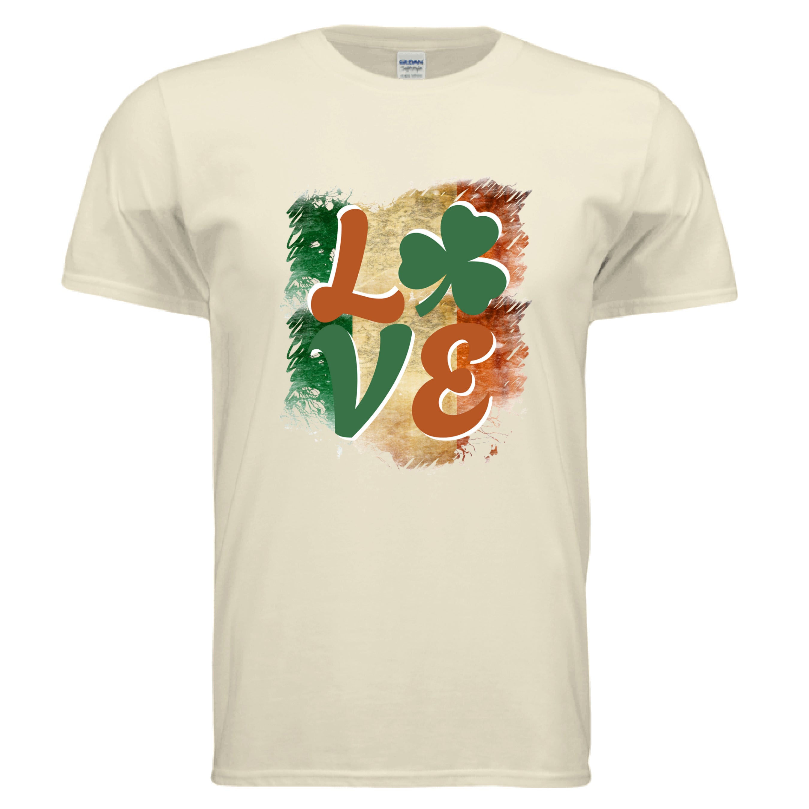 An off-white Celtic Love t-shirt featuring a vintage-style graphic of the word 'LOVE.' The letters 'L,' 'V,' and 'E' are in a stylized, earthy orange and green font. A vibrant green shamrock replaces the letter 'O.' The entire word is set against a distressed, brushstroke-style background representing the green, white, and orange vertical stripes of the Irish flag.